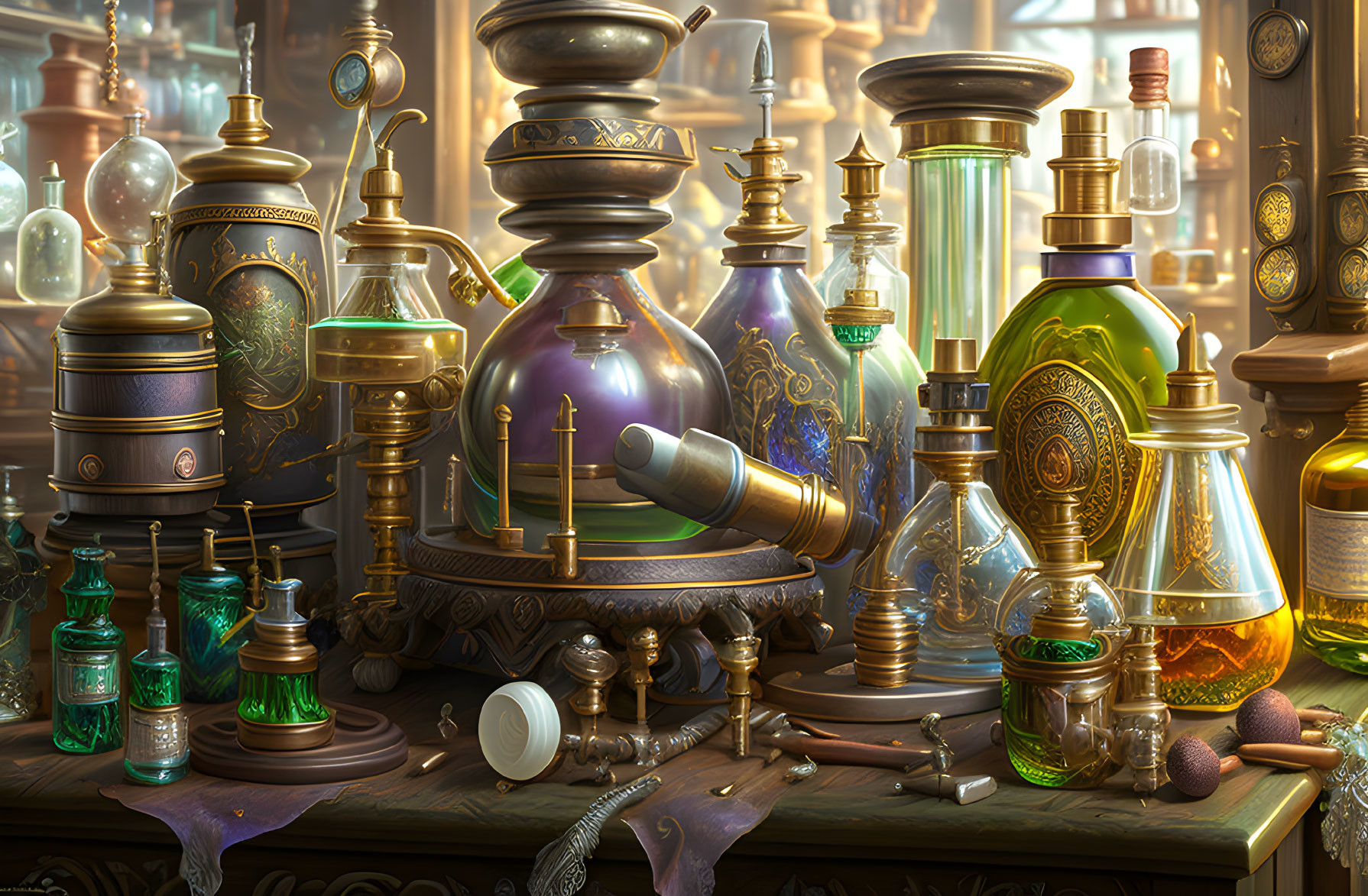 Assorted ornate bottles, flasks, and scientific tools with dusty books and glowing liquids