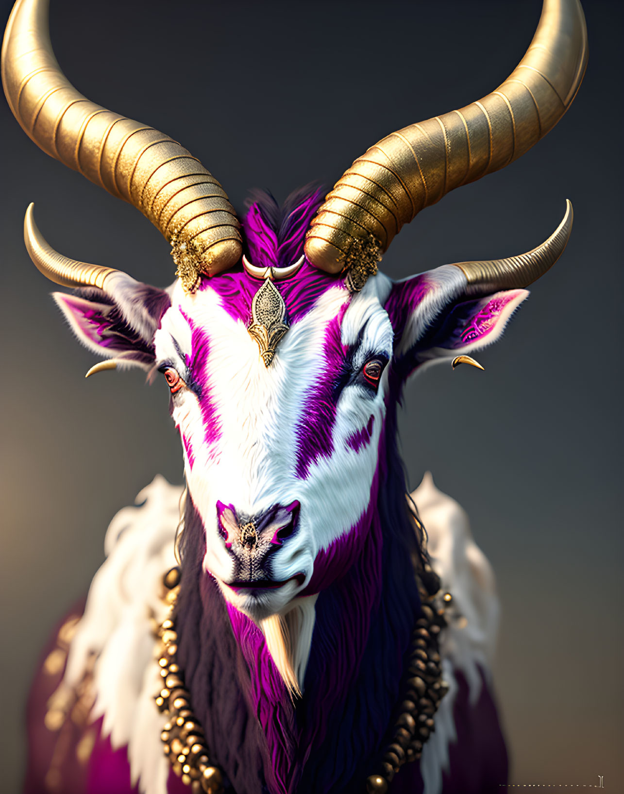 Majestic purple and white goat with golden horns and jewelry