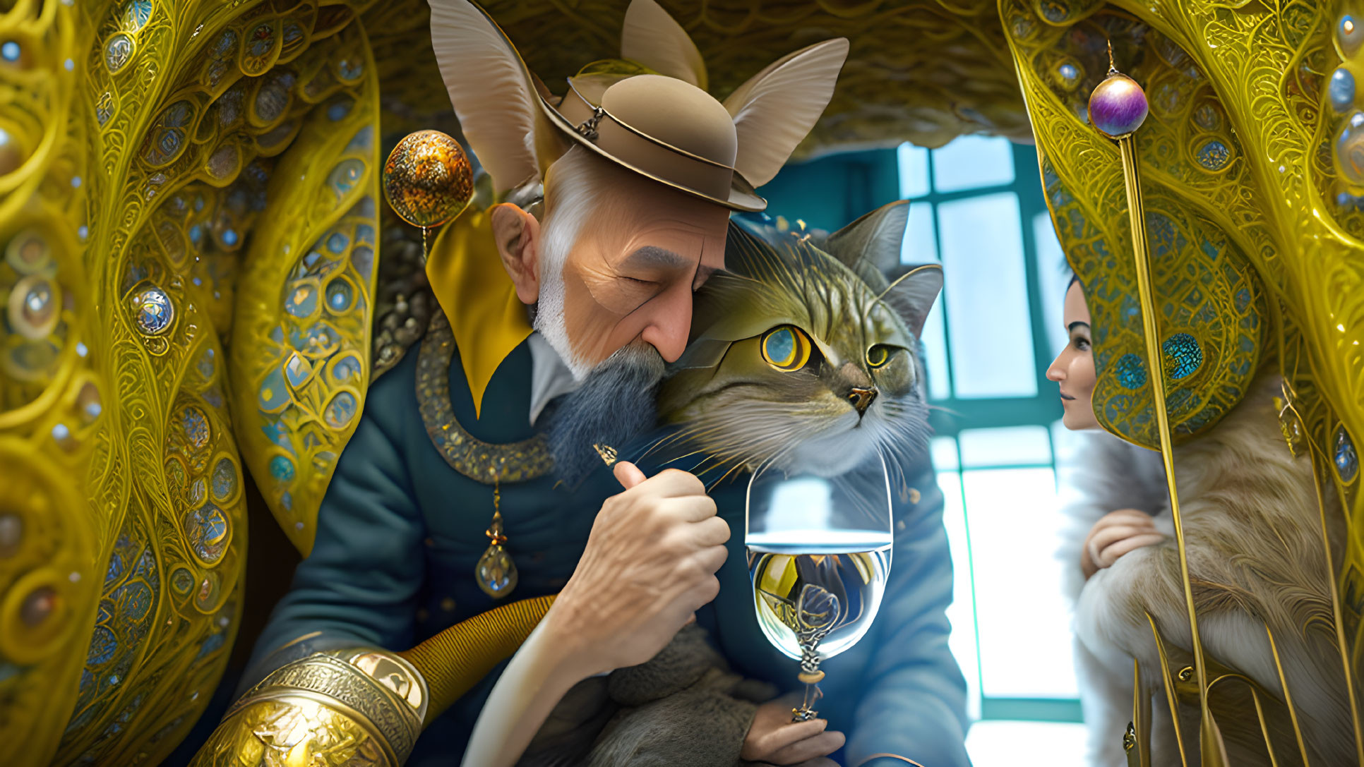 Elderly wizard and cat in golden chamber with hourglass and staff