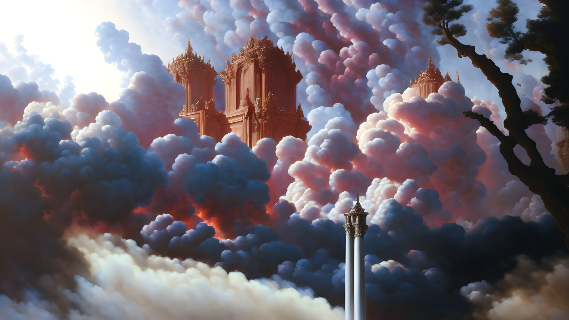 Surreal towering structure in colorful clouds with lone column