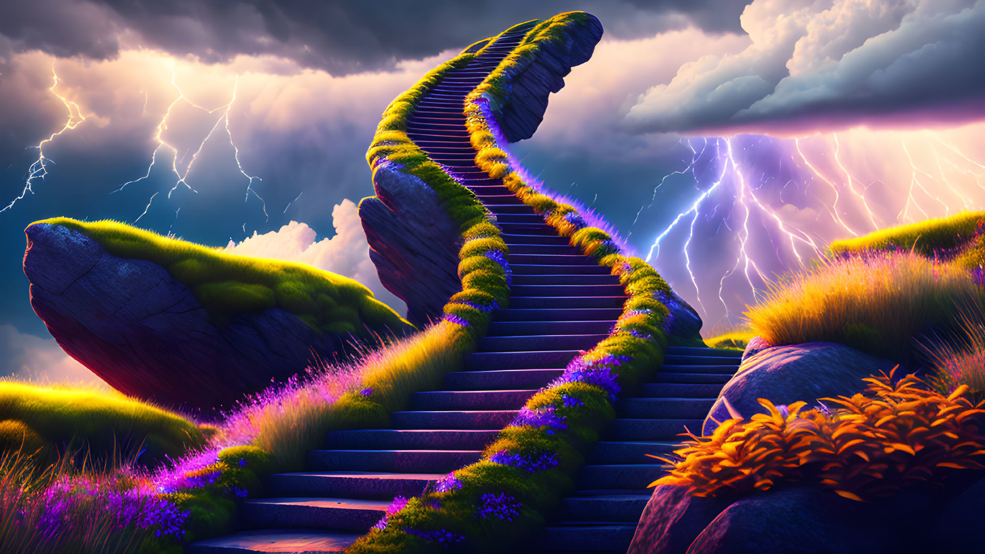 Vibrant flora surrounds dramatic sky with lightning bolts on winding staircase.