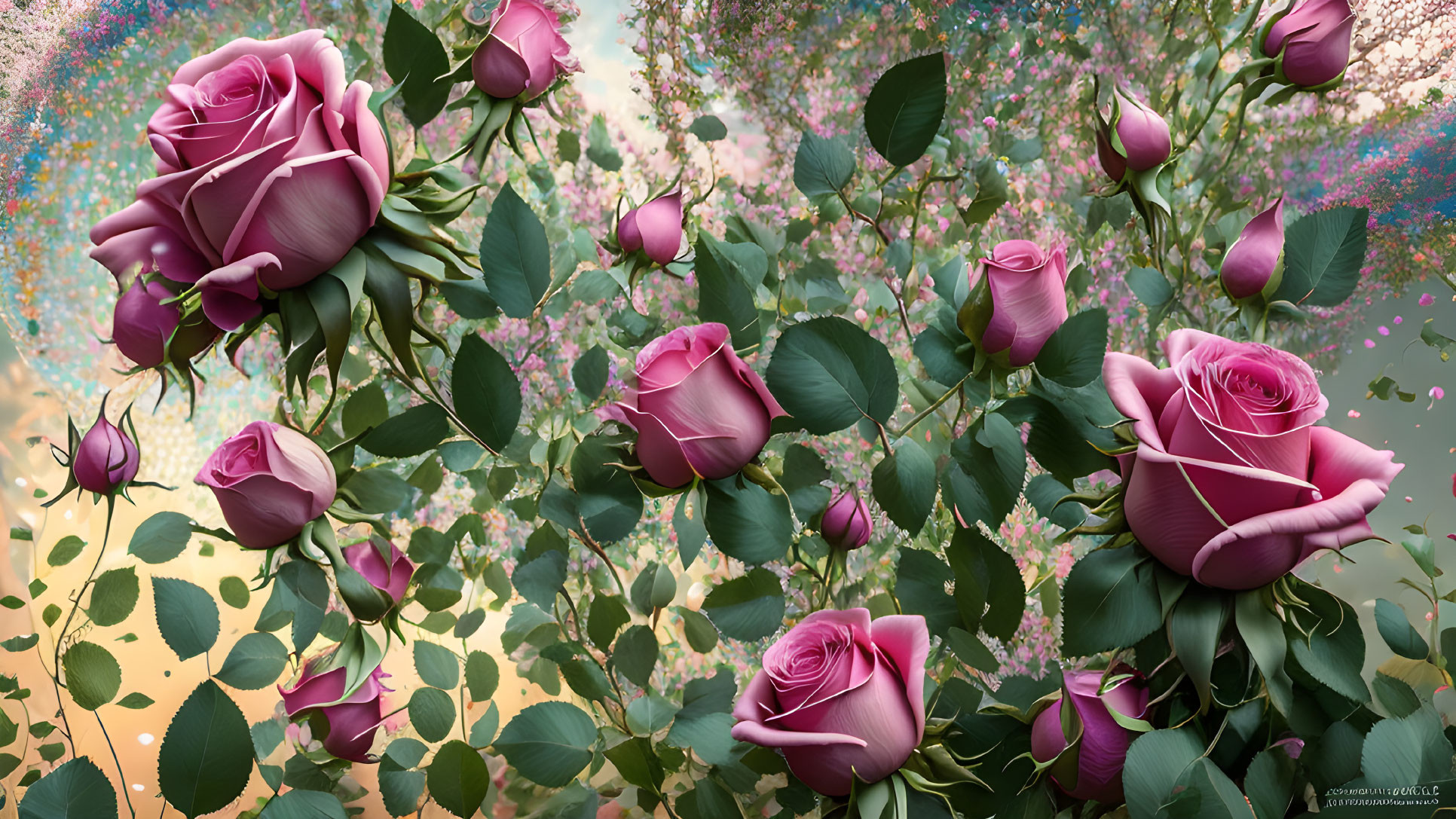 Digitally-enhanced pink roses in various blooming stages on a floral-patterned pastel background