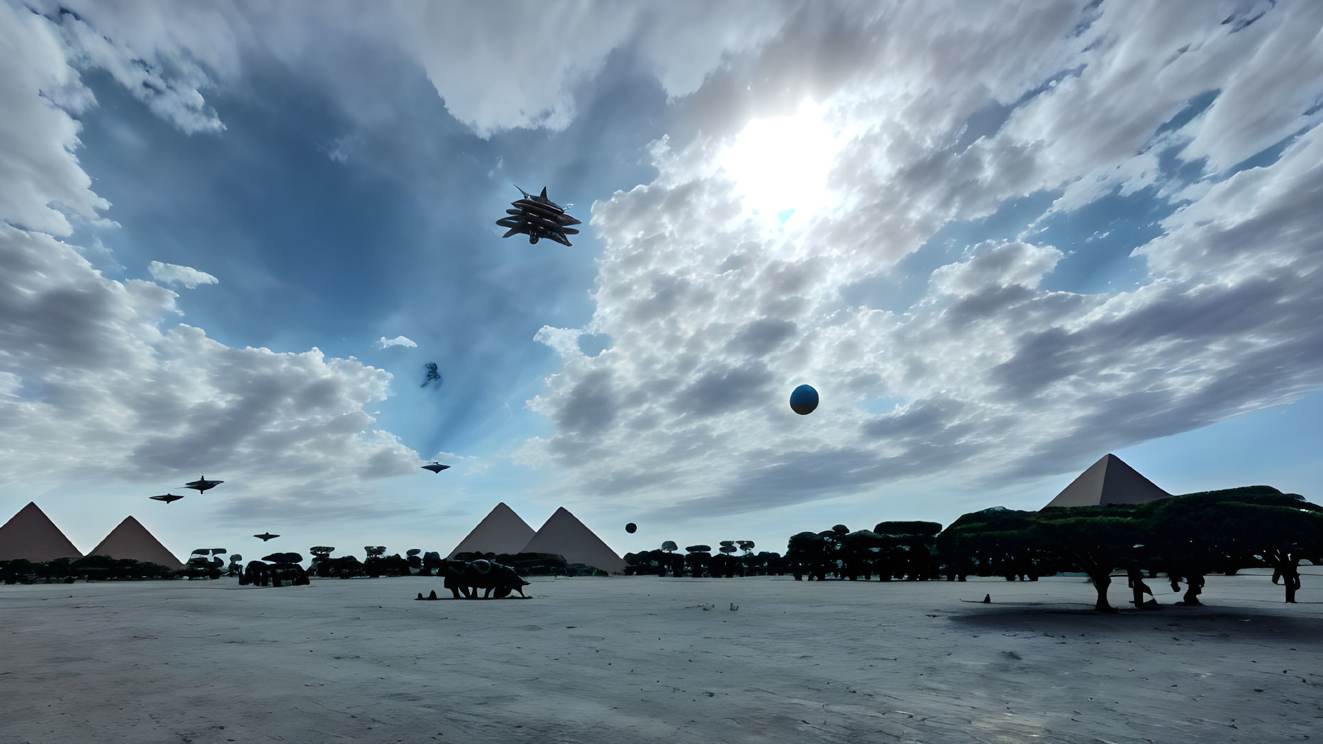 Sci-fi ships soar over Giza Pyramid Complex in futuristic desert scene