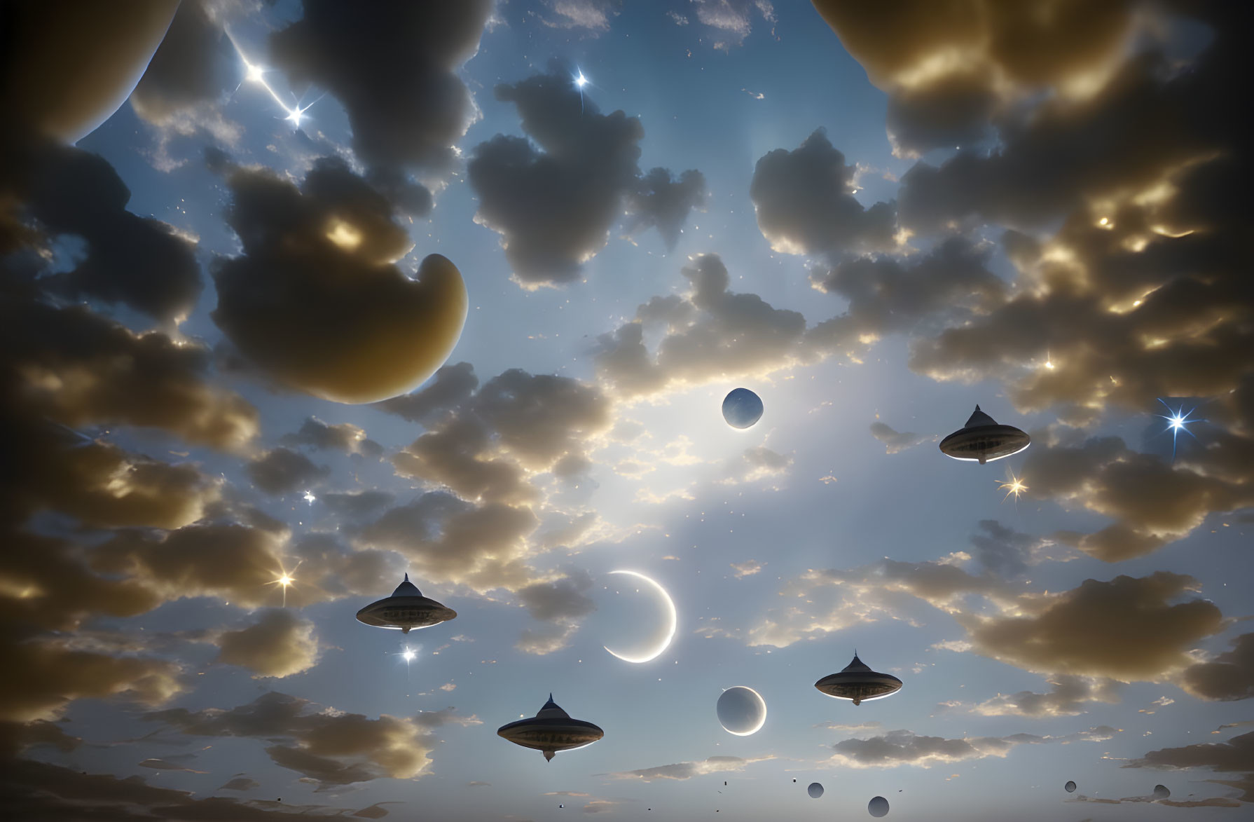 Surreal sky with multiple moons, stars, clouds, and flying saucers