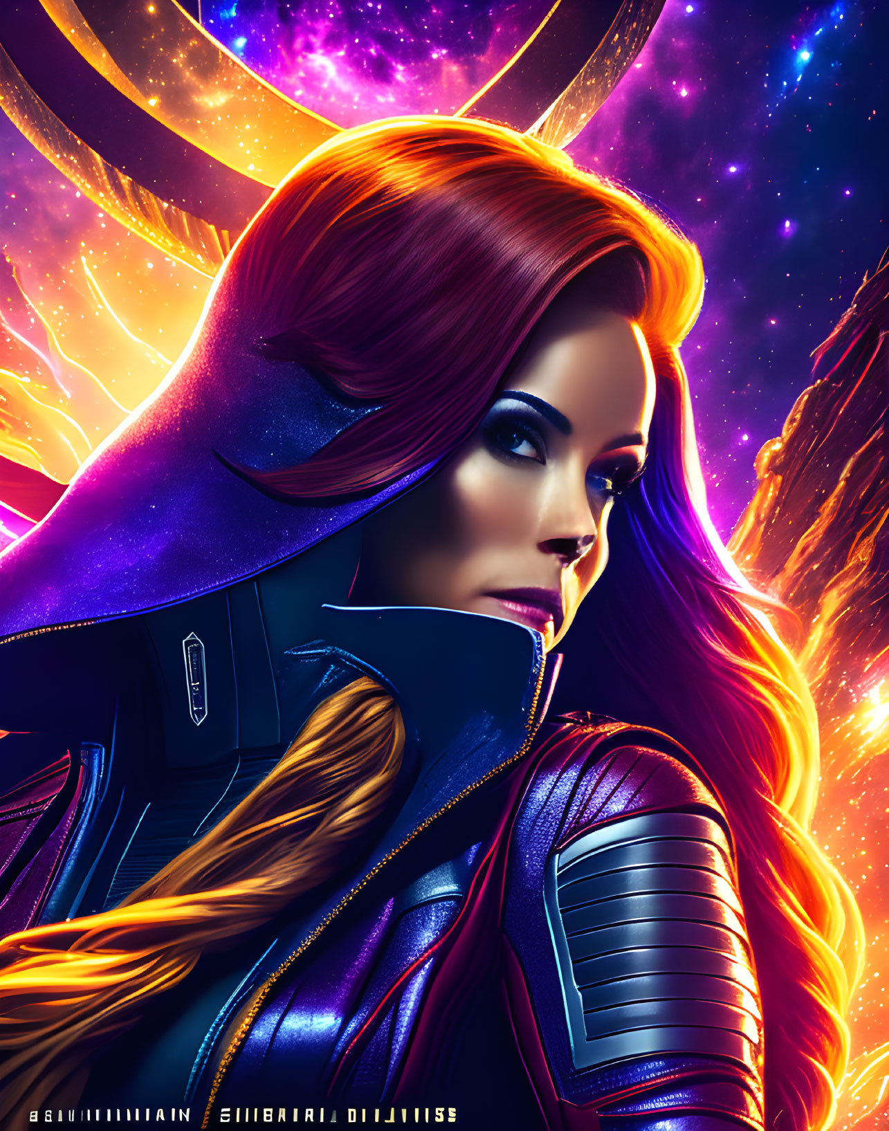 Vibrant portrait of woman with red hair in futuristic suit against cosmic backdrop.