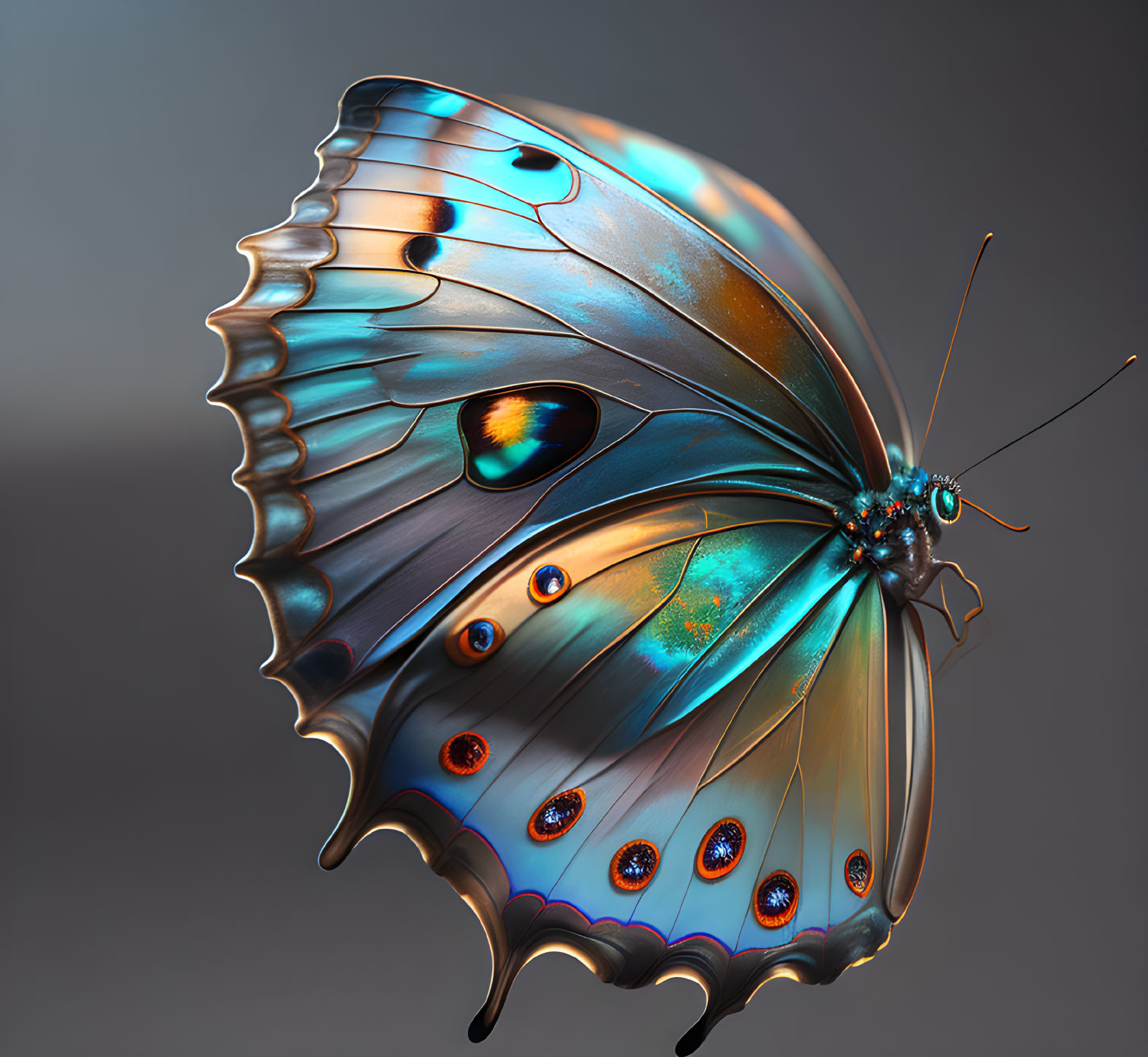 Vibrant butterfly with blue and orange wings in close-up view