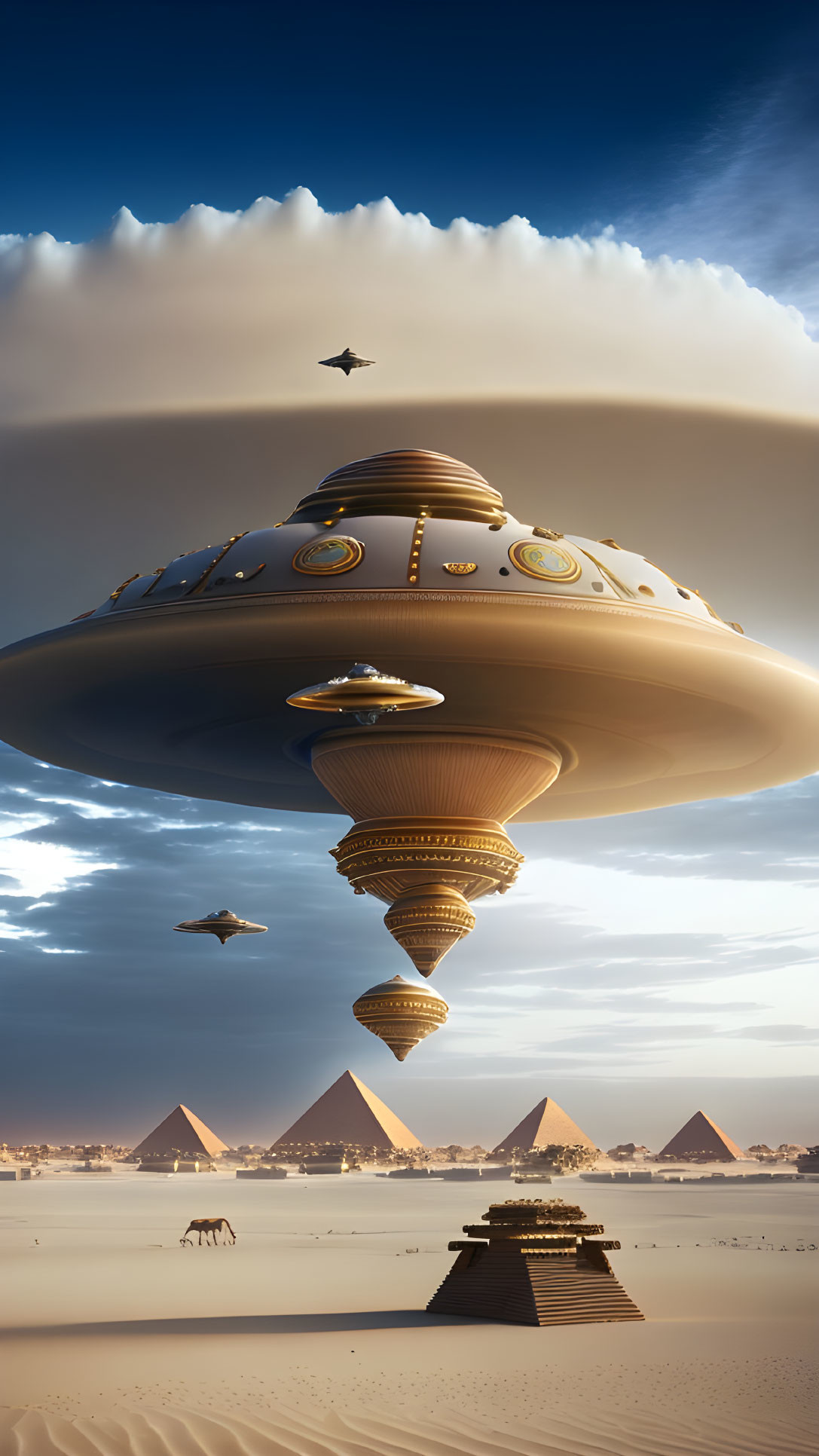 Futuristic spaceship above Great Pyramids in desert landscape