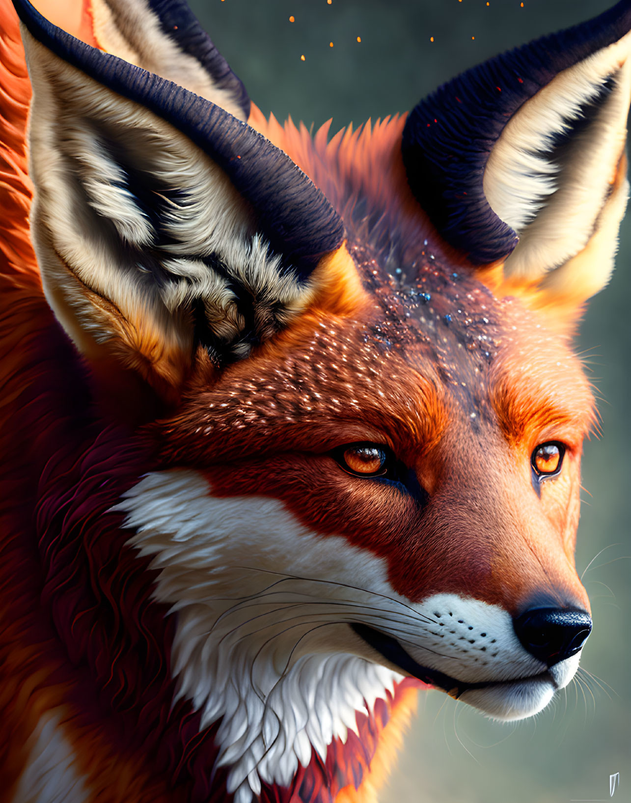 Vibrant digital art: Fox head with orange fur and amber eyes