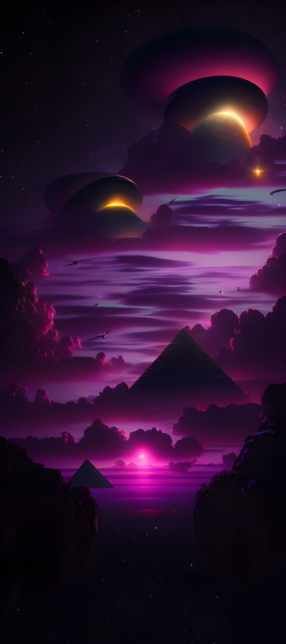 Surreal Night Landscape with Pyramids, Luminous Water, Floating Islands, and UFO Structures