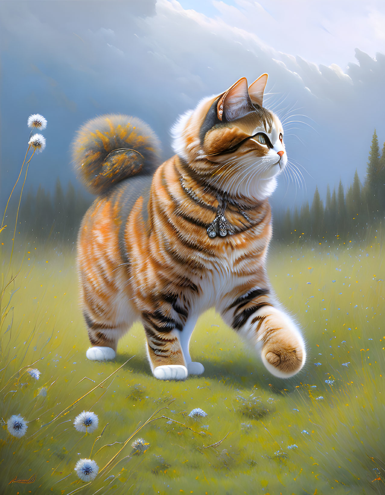 Realistic illustration of majestic cat with orange, black, and white fur in field with dandelions