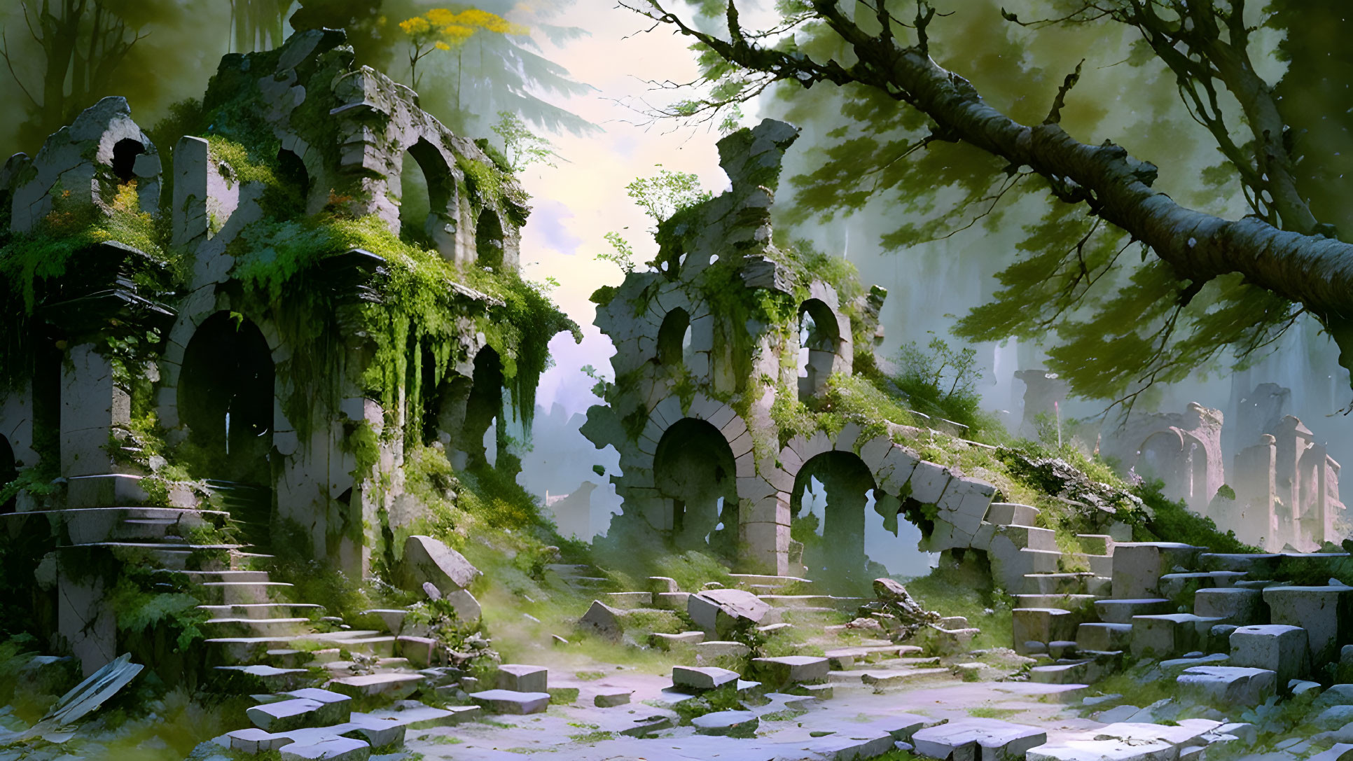 Ancient overgrown ruin in lush forest with sunlight piercing through trees