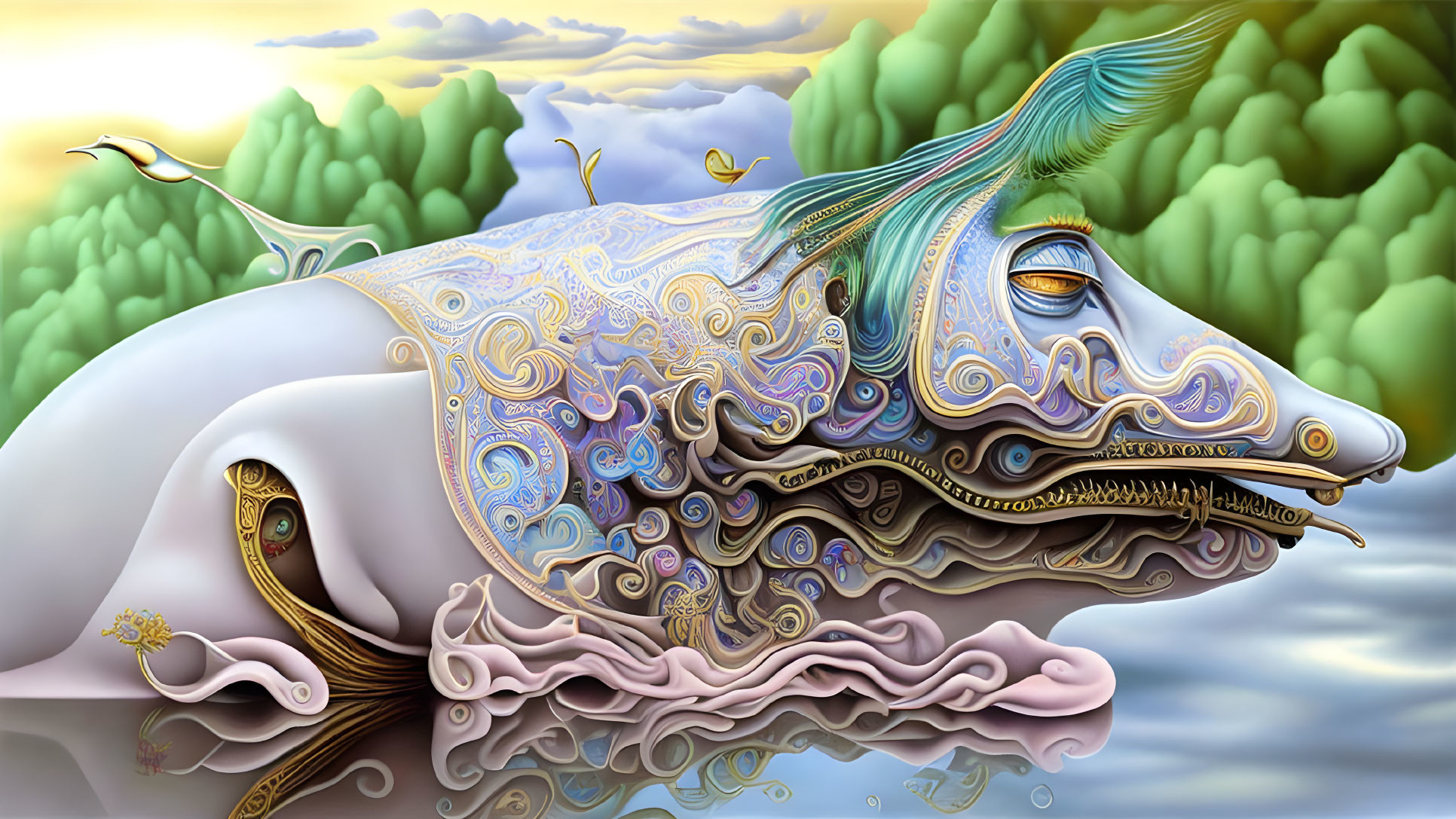 Colorful surreal creature with intricate patterns floating above water and green clouds.