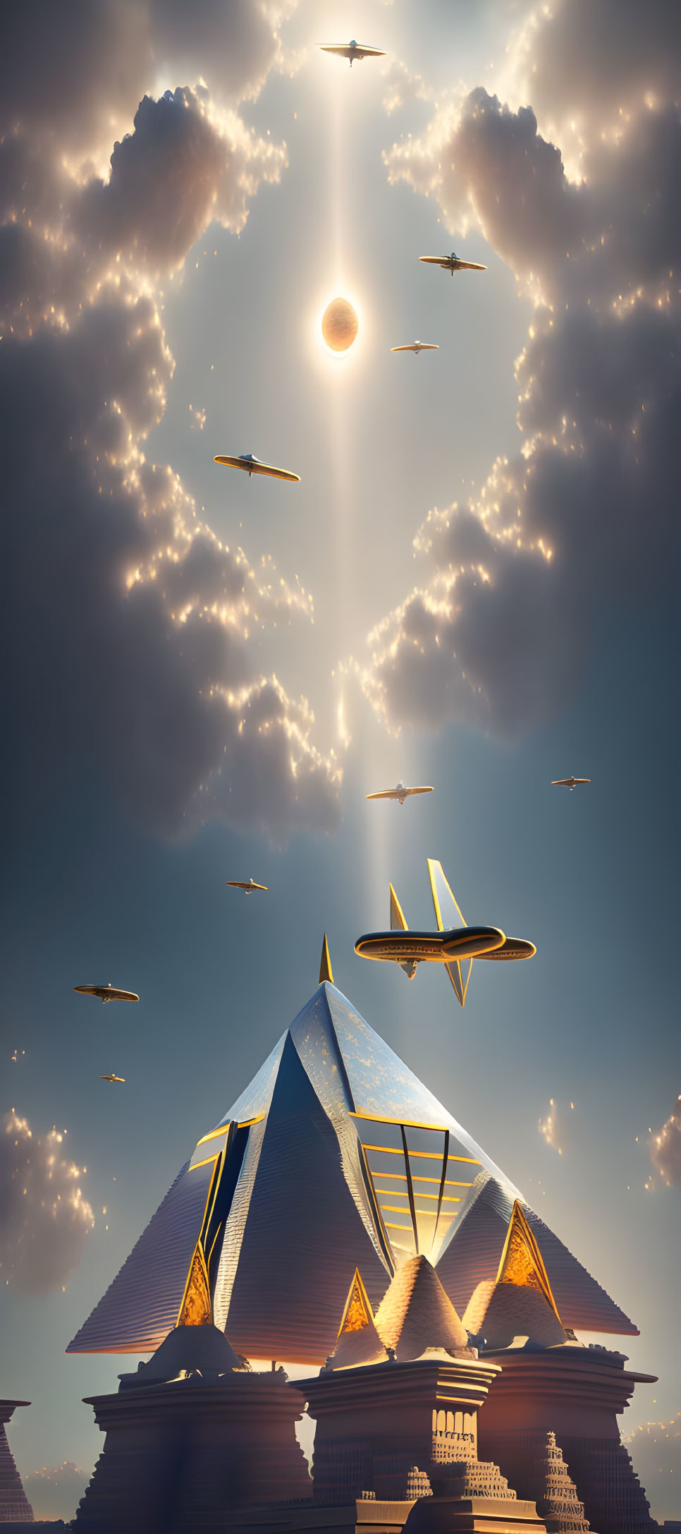 Futuristic pyramid under dramatic sky with sunbeams, flying vehicles, and ring-shaped aircraft.