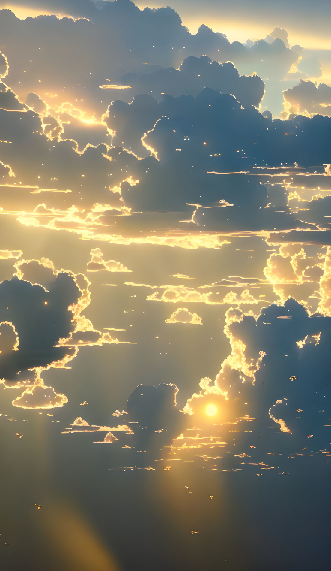 Golden sunrise piercing fluffy clouds in dramatic skyscape