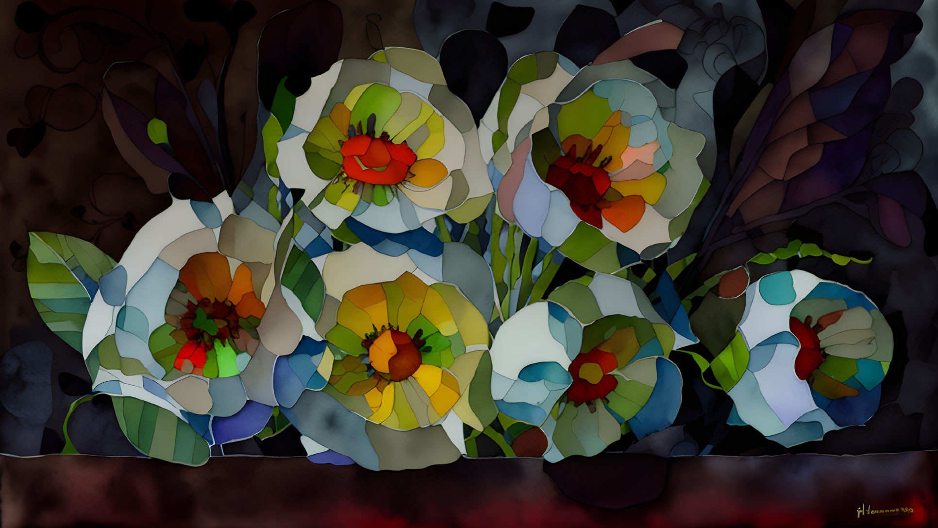 Vibrant digital painting of stylized flowers on dark background