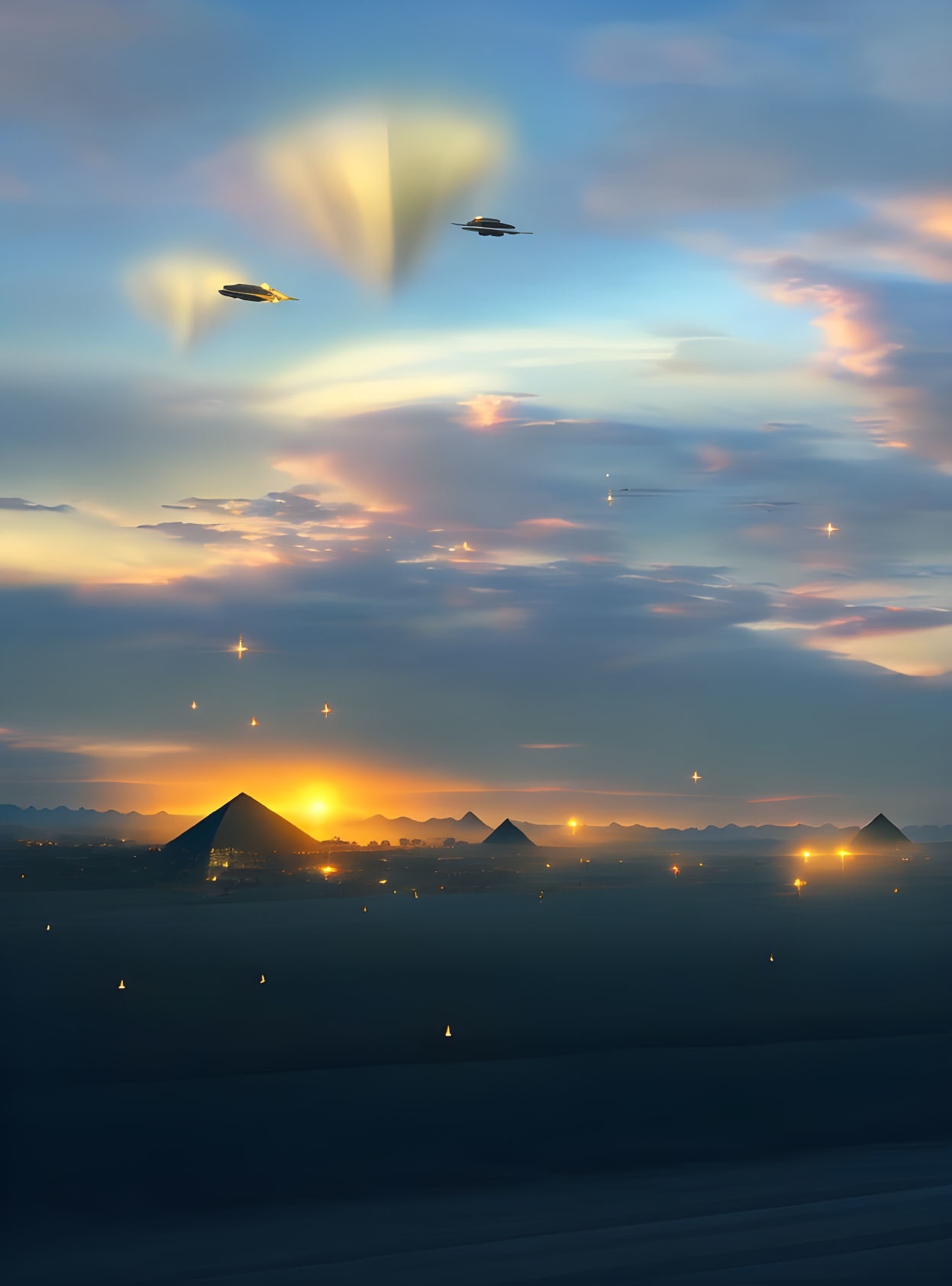 Mysterious UFOs illuminate pyramids at sunset