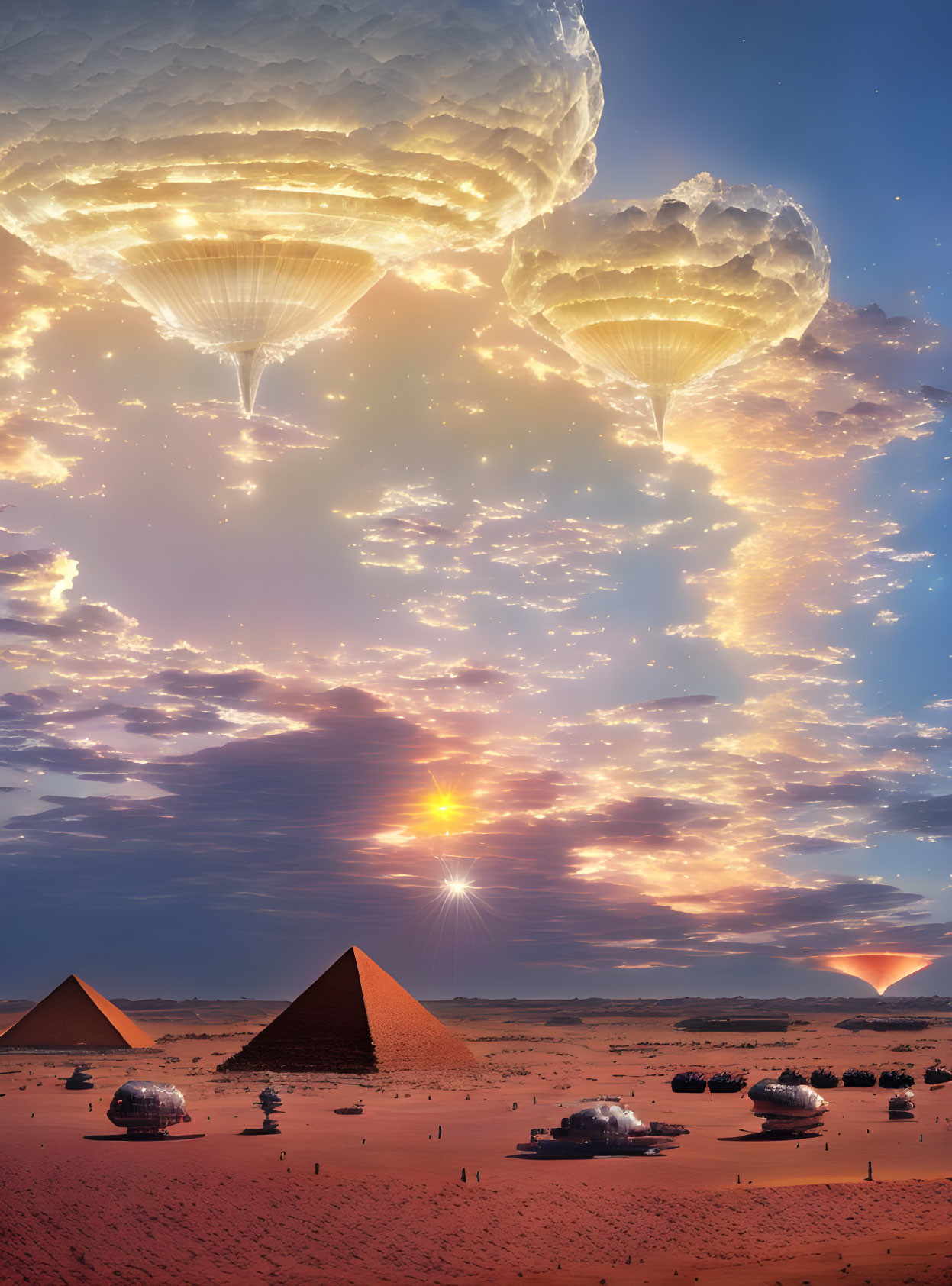 Futuristic desert landscape with jellyfish-like spacecrafts and pyramids