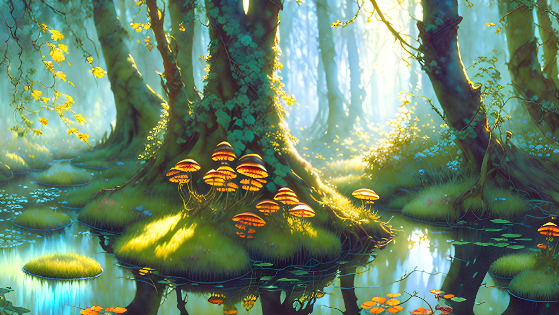 Enchanting forest with vibrant mushrooms and tranquil water