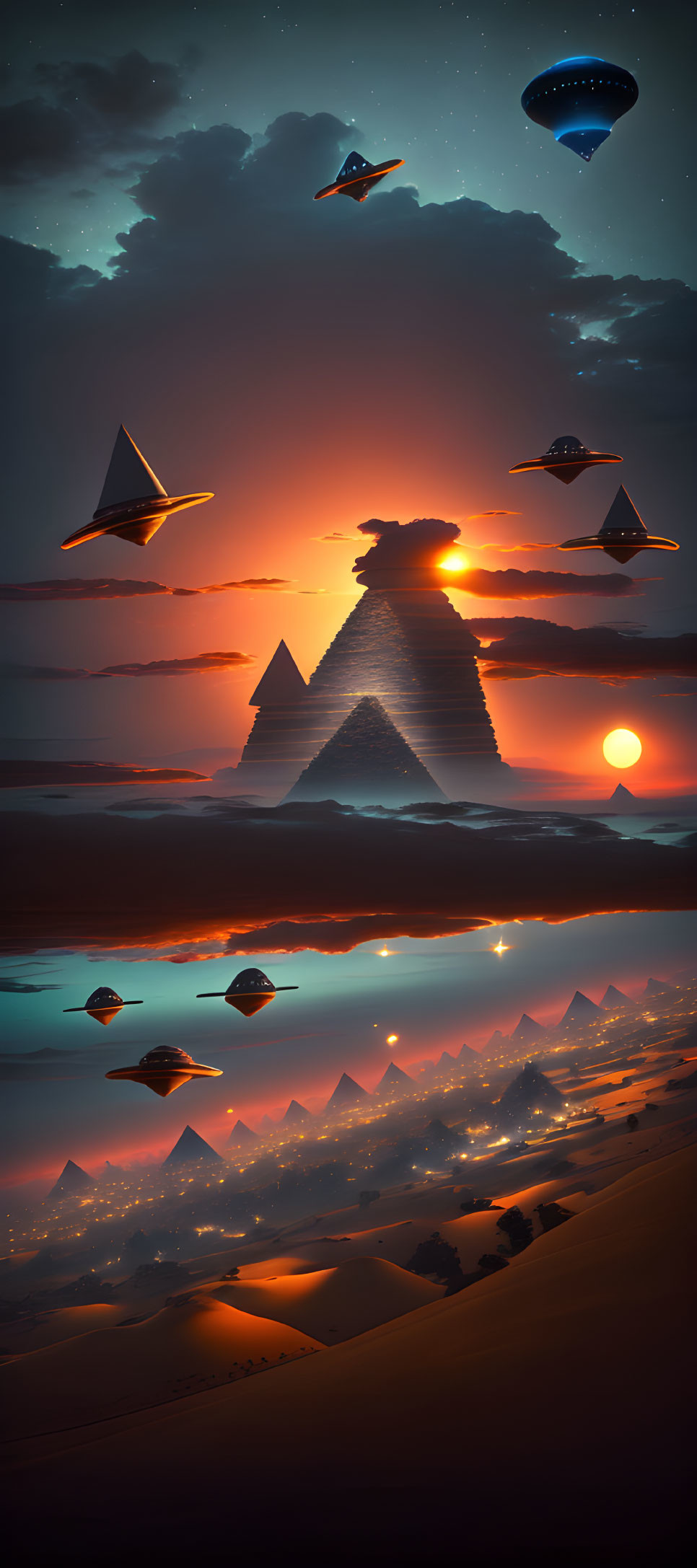 Three surreal landscapes: pyramids & futuristic flying objects under changing lighting.