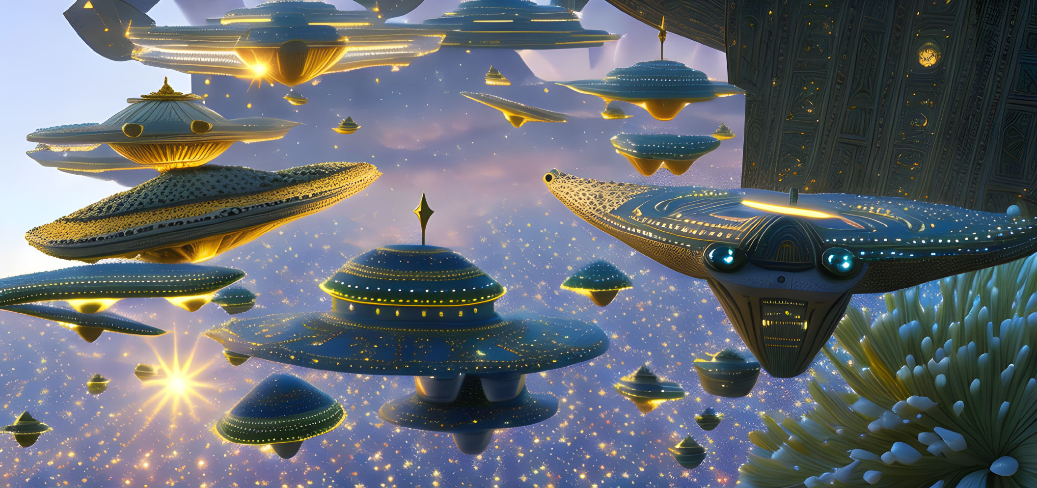 Futuristic UFO-like spacecraft in alien sky with intricate designs