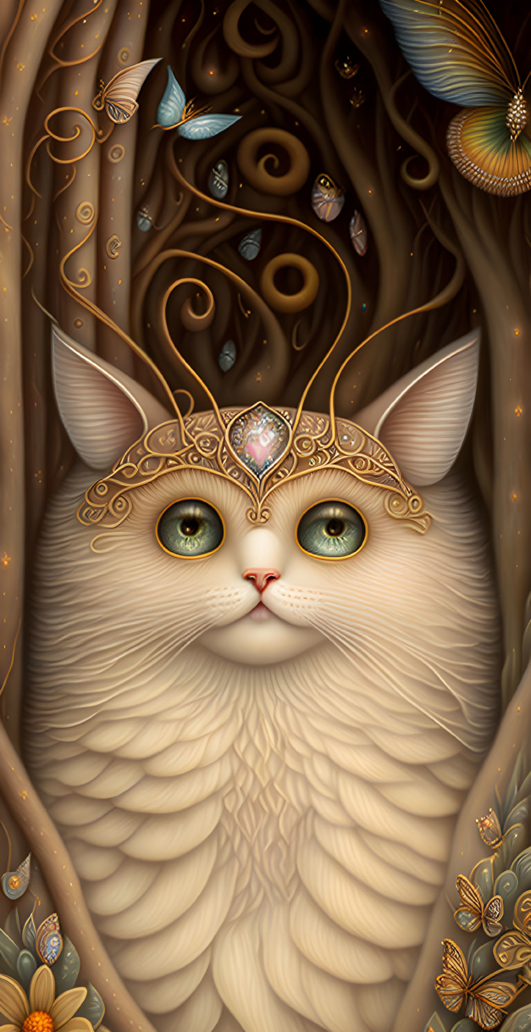 Regal white long-haired cat with crown in whimsical forest illustration