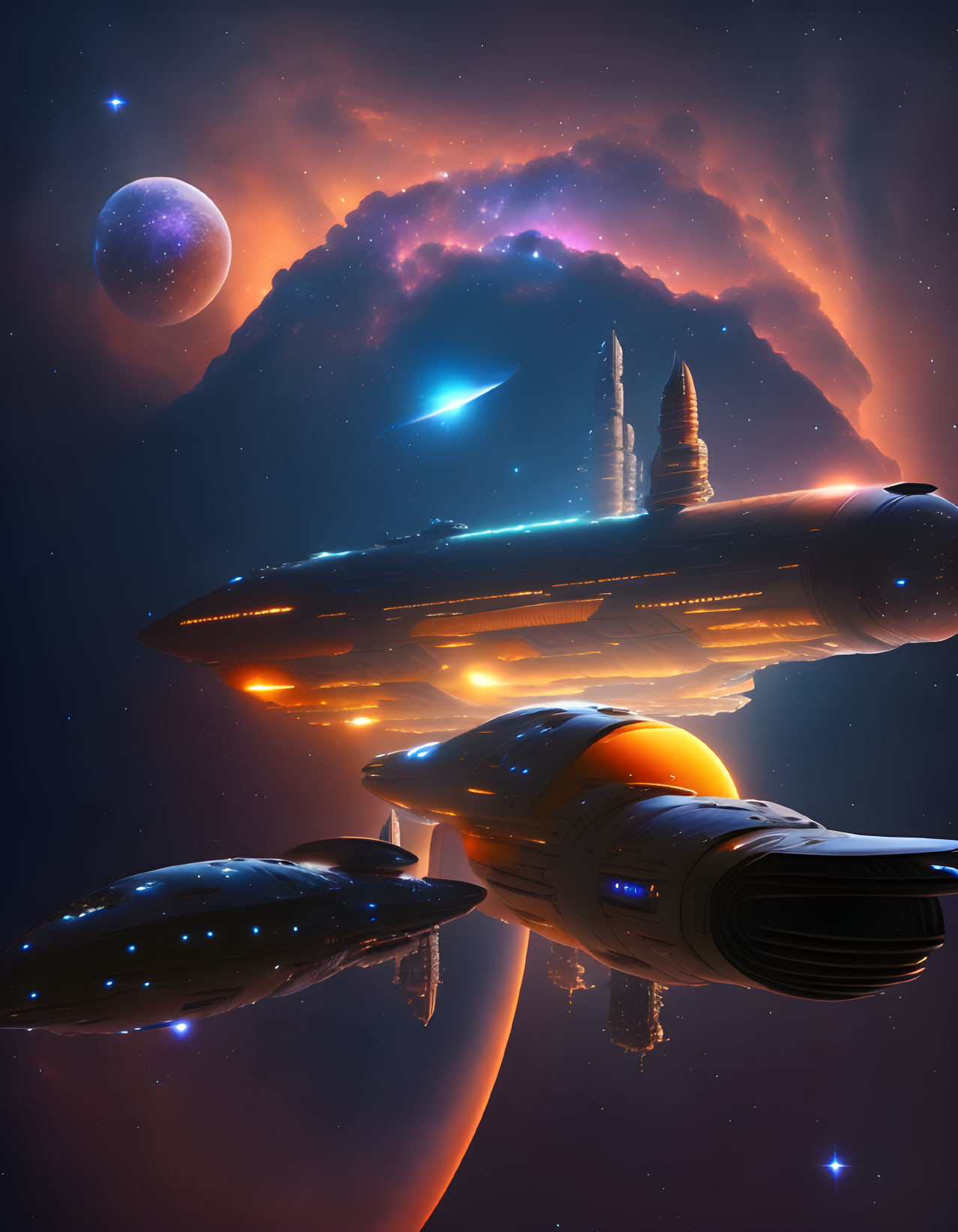 Futuristic spacecrafts in vibrant sci-fi scene with cosmic backdrop