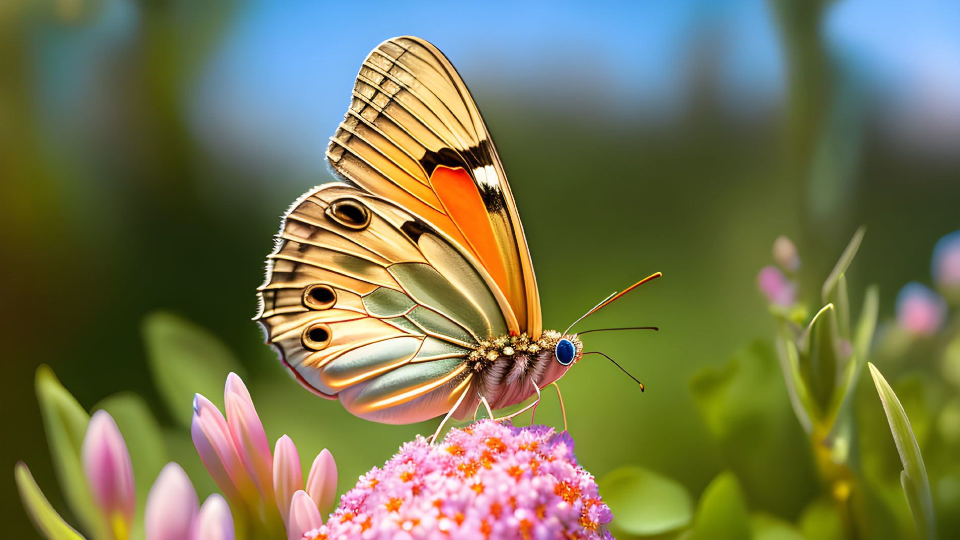 Colorful Butterfly on Pink Flower Cluster with Blurred Green Background