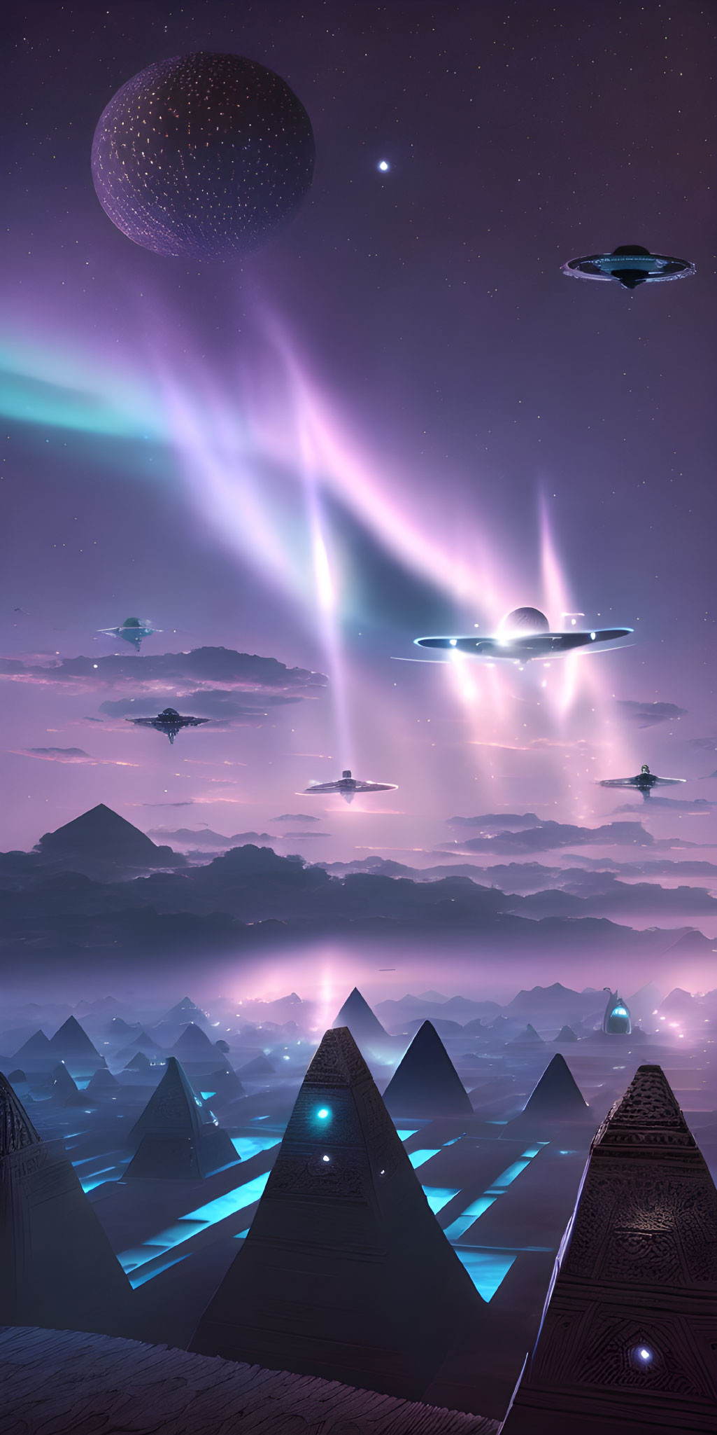 Surreal pyramids under starry sky with futuristic spacecraft.