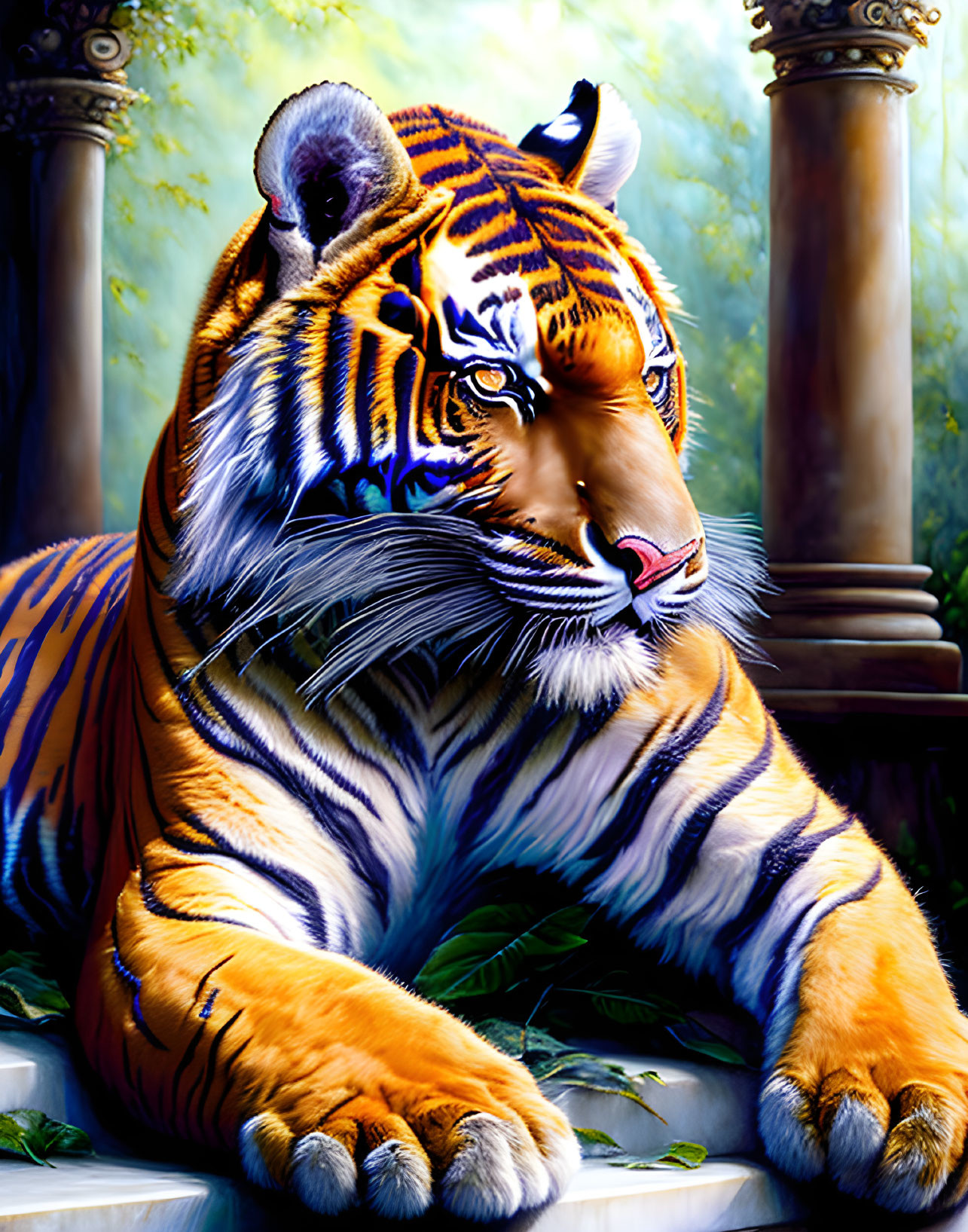 Colorful Tiger Illustration Among Green Foliage and Columns