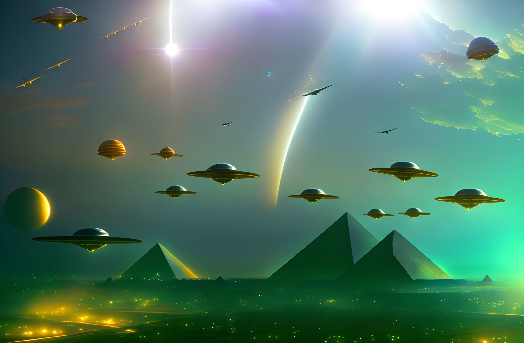 Futuristic pyramids and UFOs under bright sun rays