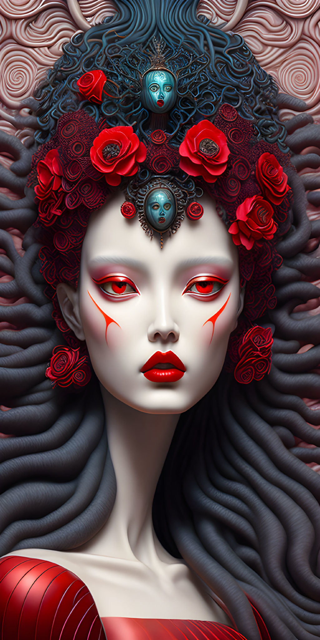 Stylized female figure with ornate red and black hair and roses