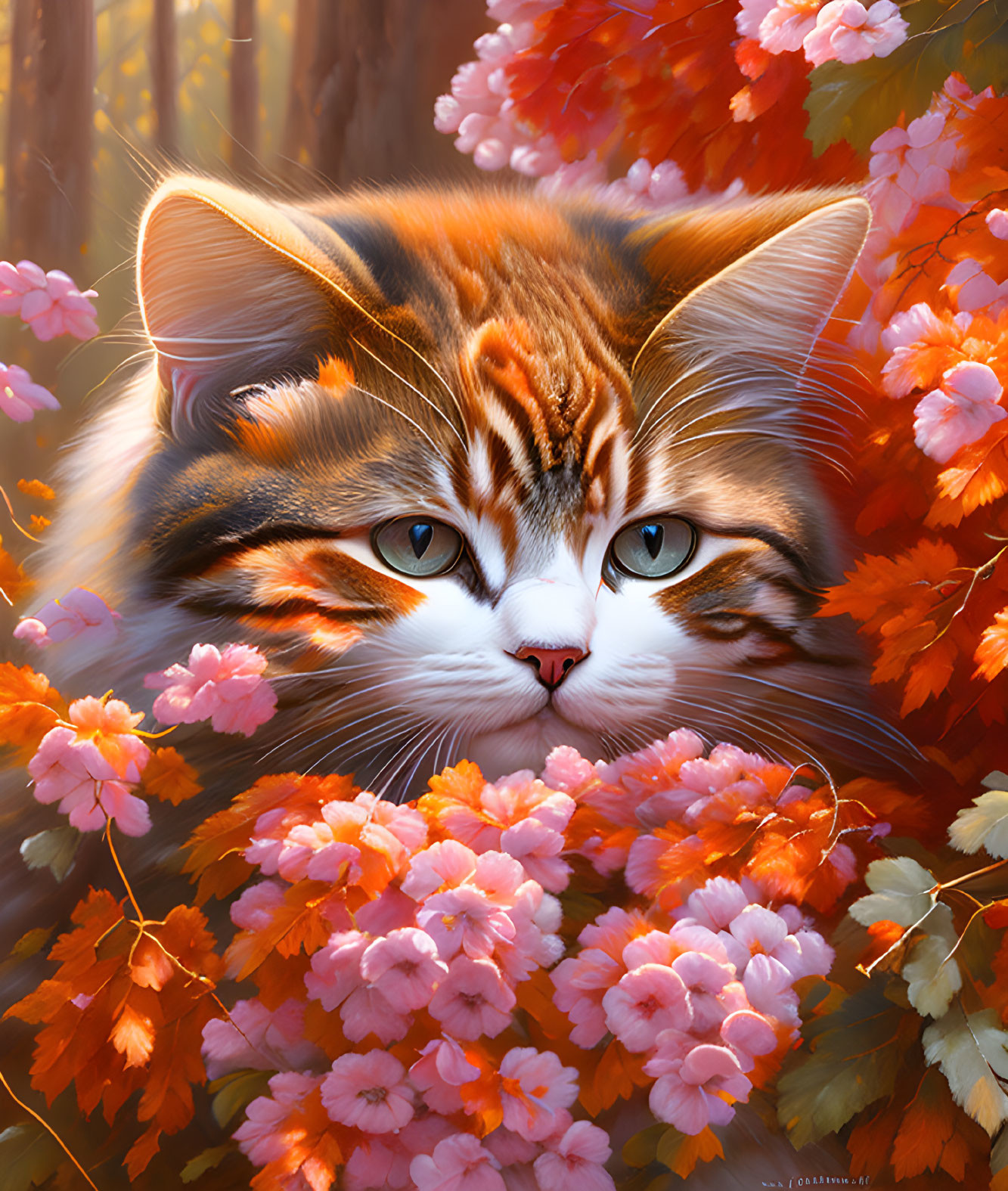 Tabby cat with blue eyes in orange and pink flower setting