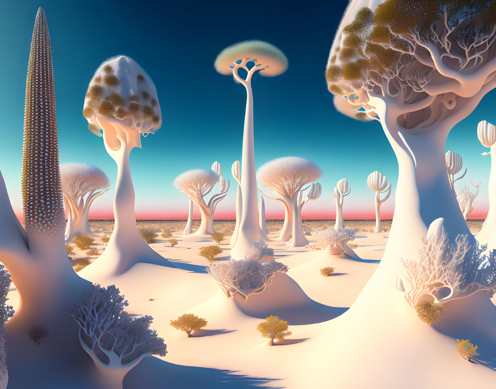 Surreal Landscape with Alien-Like Trees and Diverse Vegetation