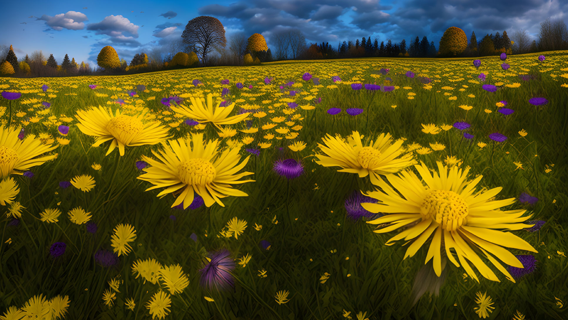 Scenic field of yellow and purple wildflowers at dusk