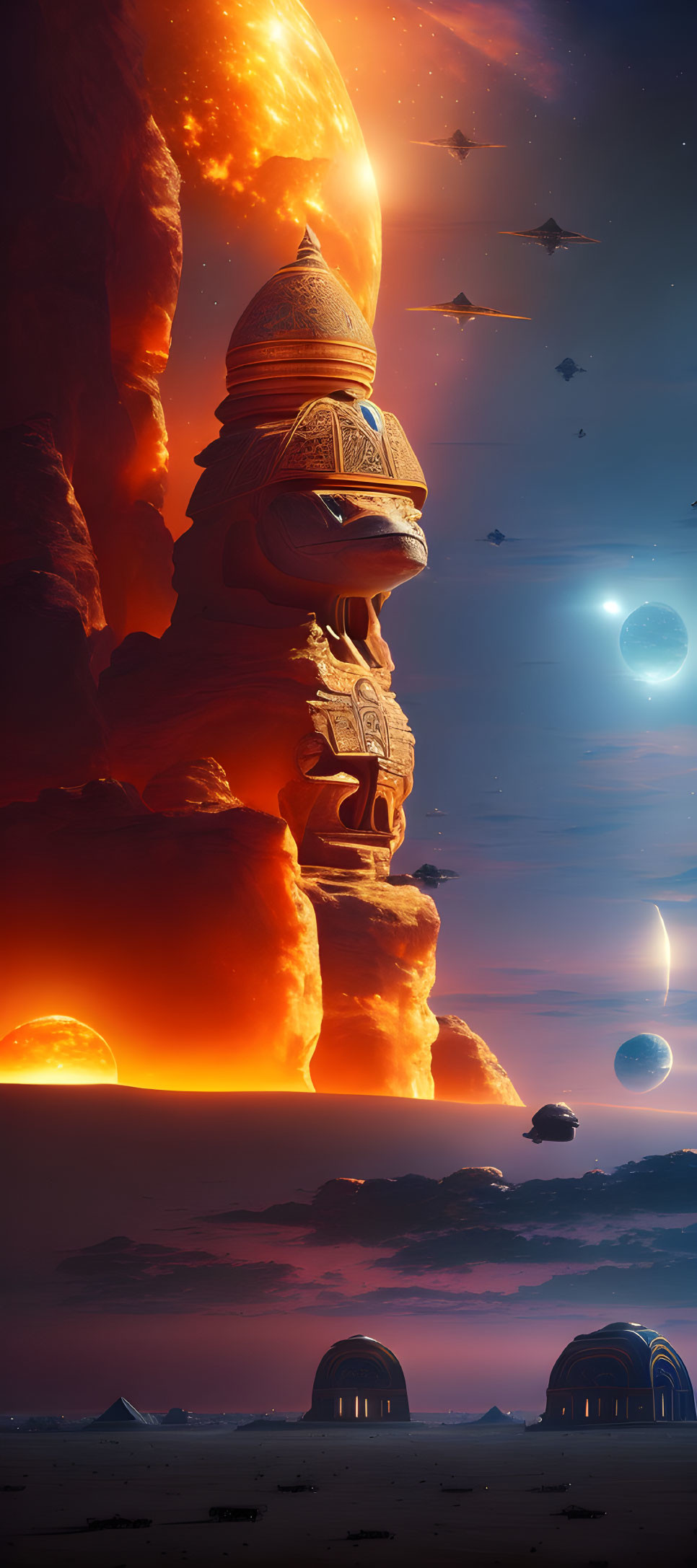 Ancient warrior stone statue under multiple planets in desert