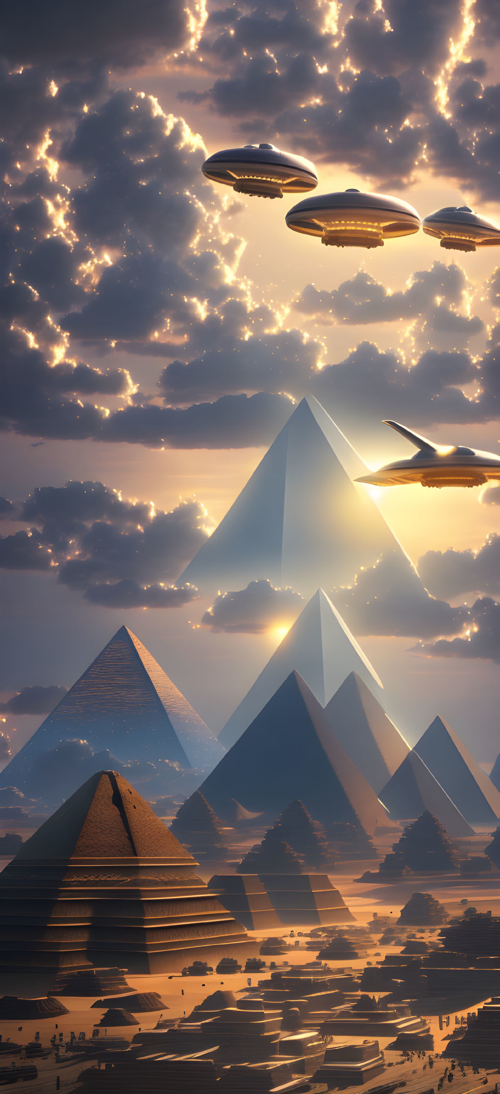 Pyramids and flying saucers under dramatic sunset sky