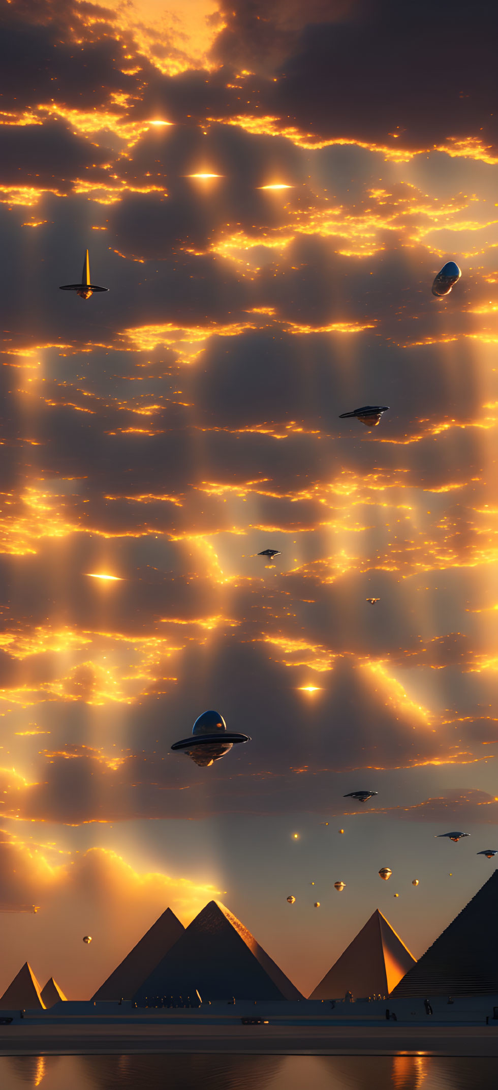 Flying Saucers Hovering over Egyptian Pyramids at Sunset