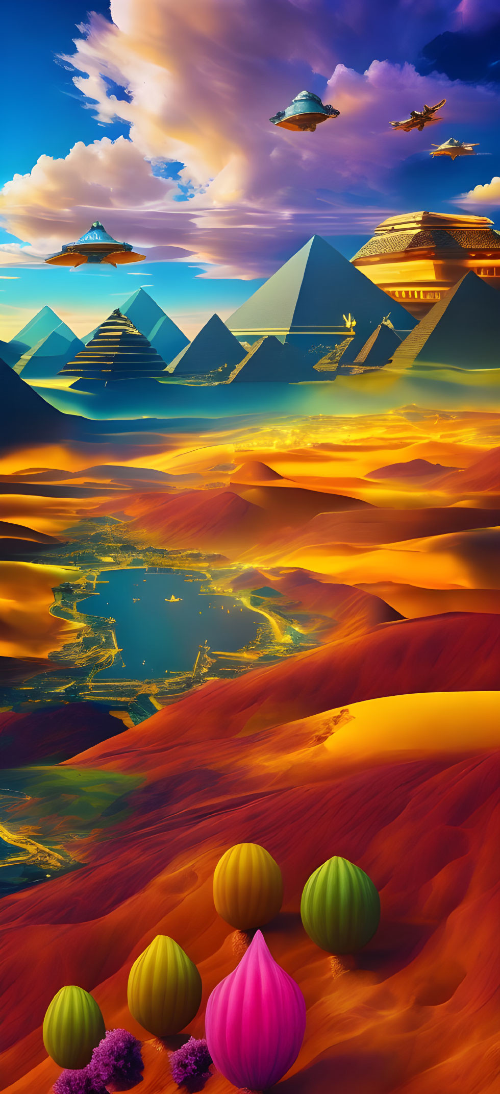 Futuristic digital art: pyramids, saucers in desert landscape