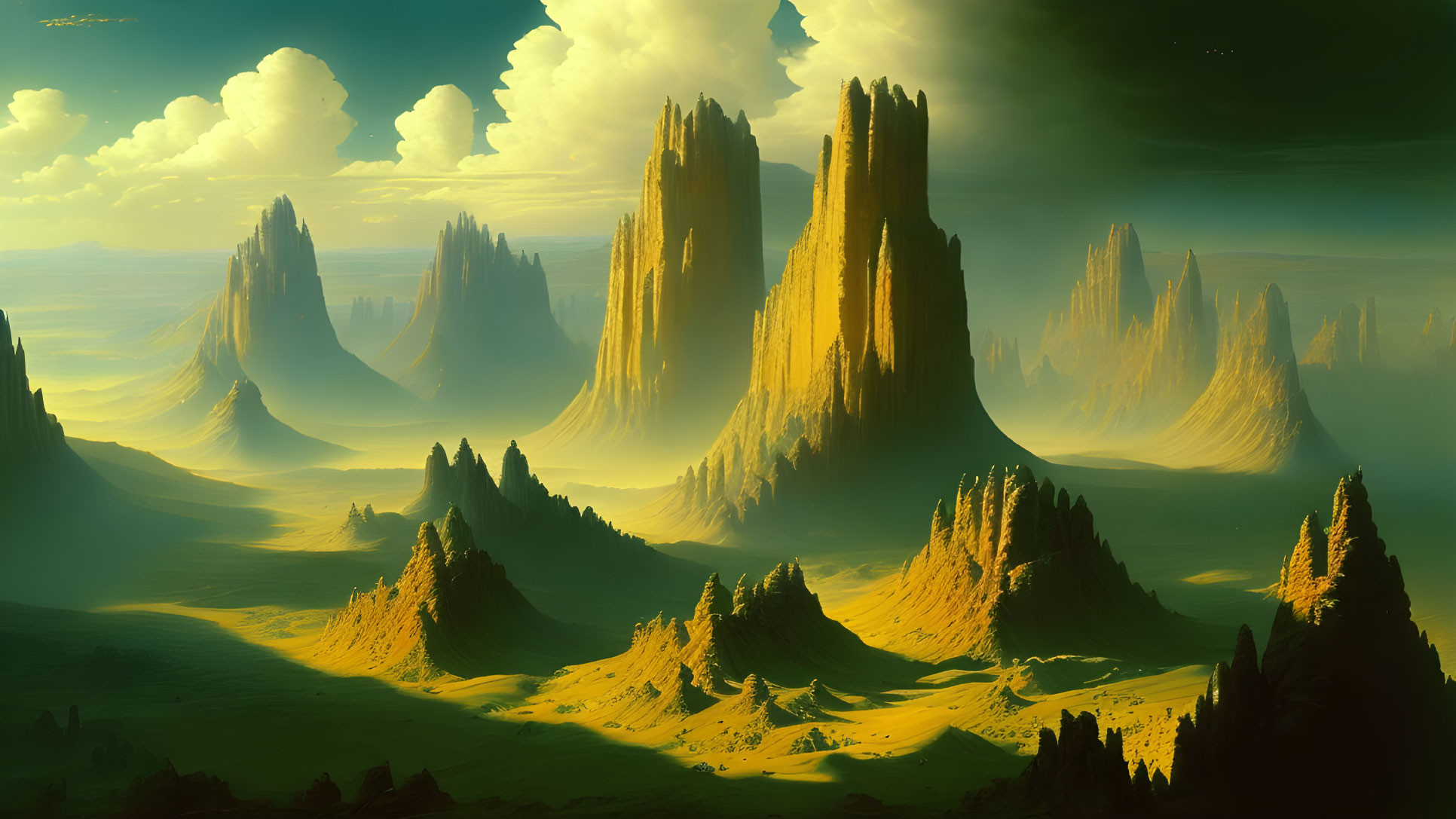 Golden rock formations in verdant forest under greenish sky.