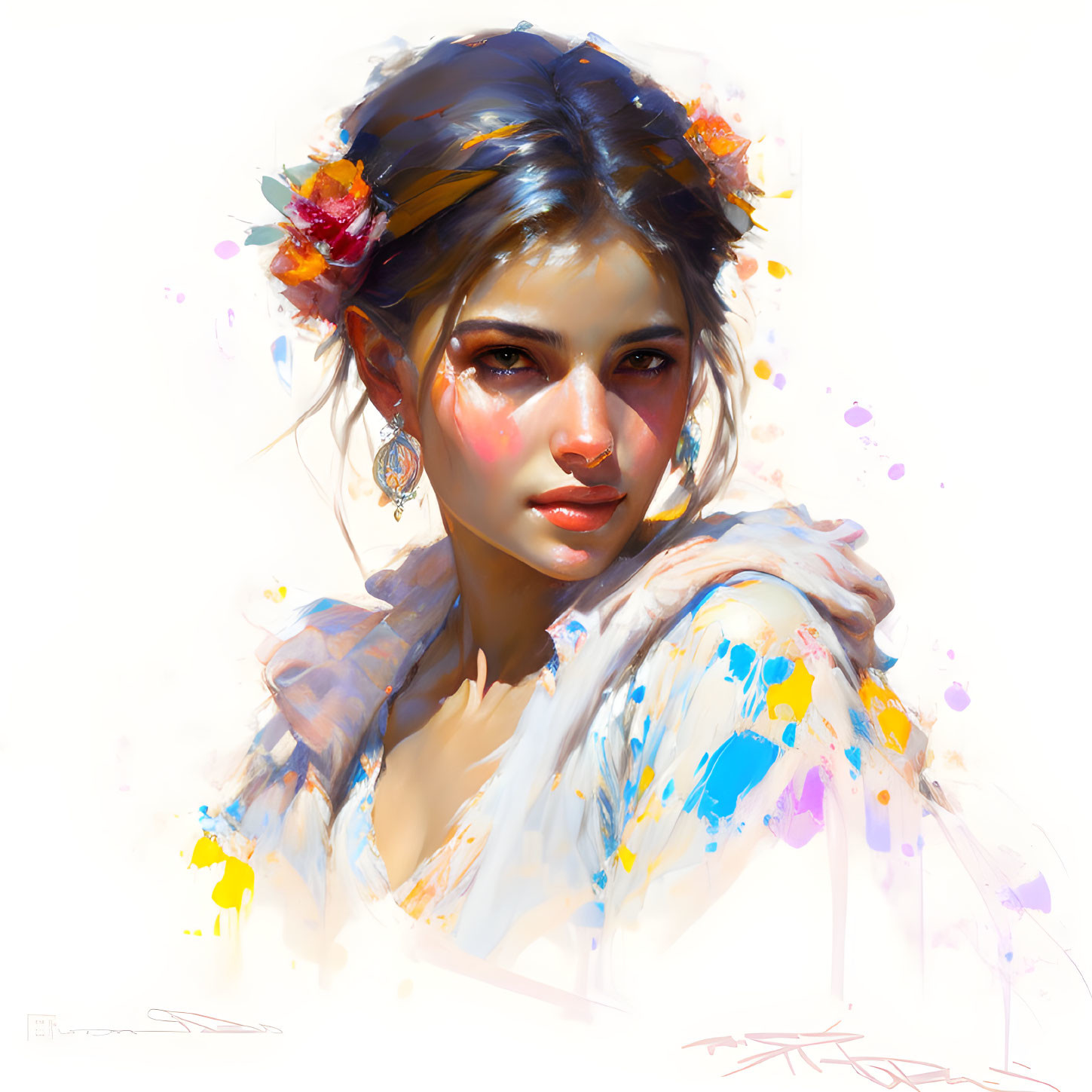 Colorful digital portrait of a woman with floral accents and expressive eyes