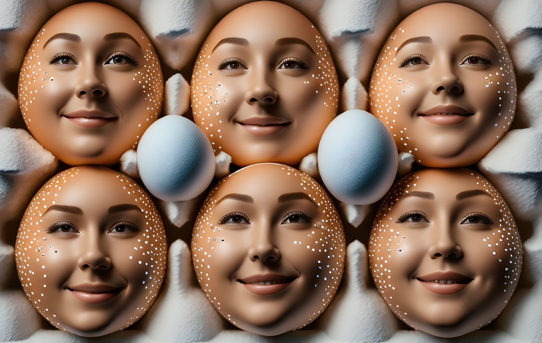 Six smiling female faces with freckles on blue and white striped background with two blue eggs.