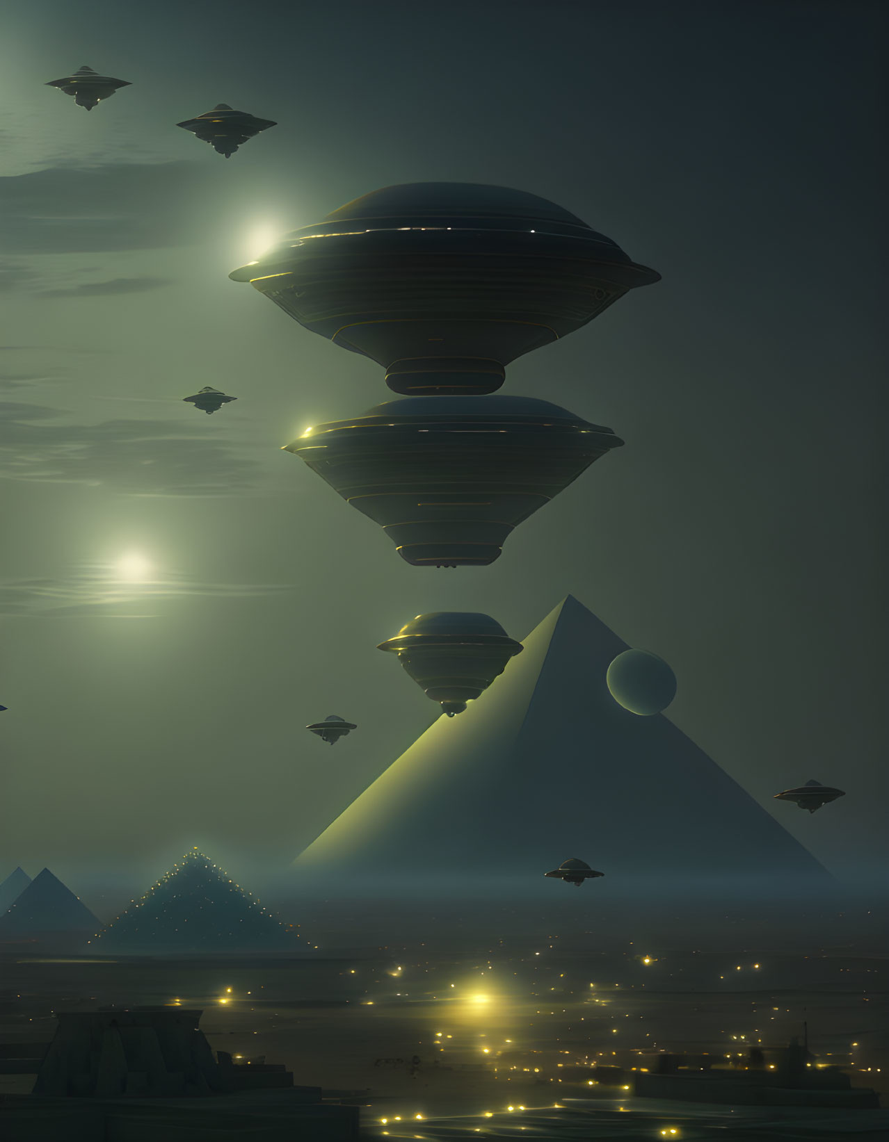 Large flying saucers over illuminated pyramids under night sky with two moons