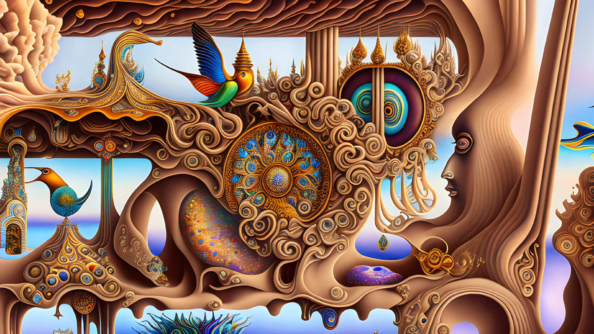 Colorful surreal artwork featuring nature, fantasy, and stylized birds.