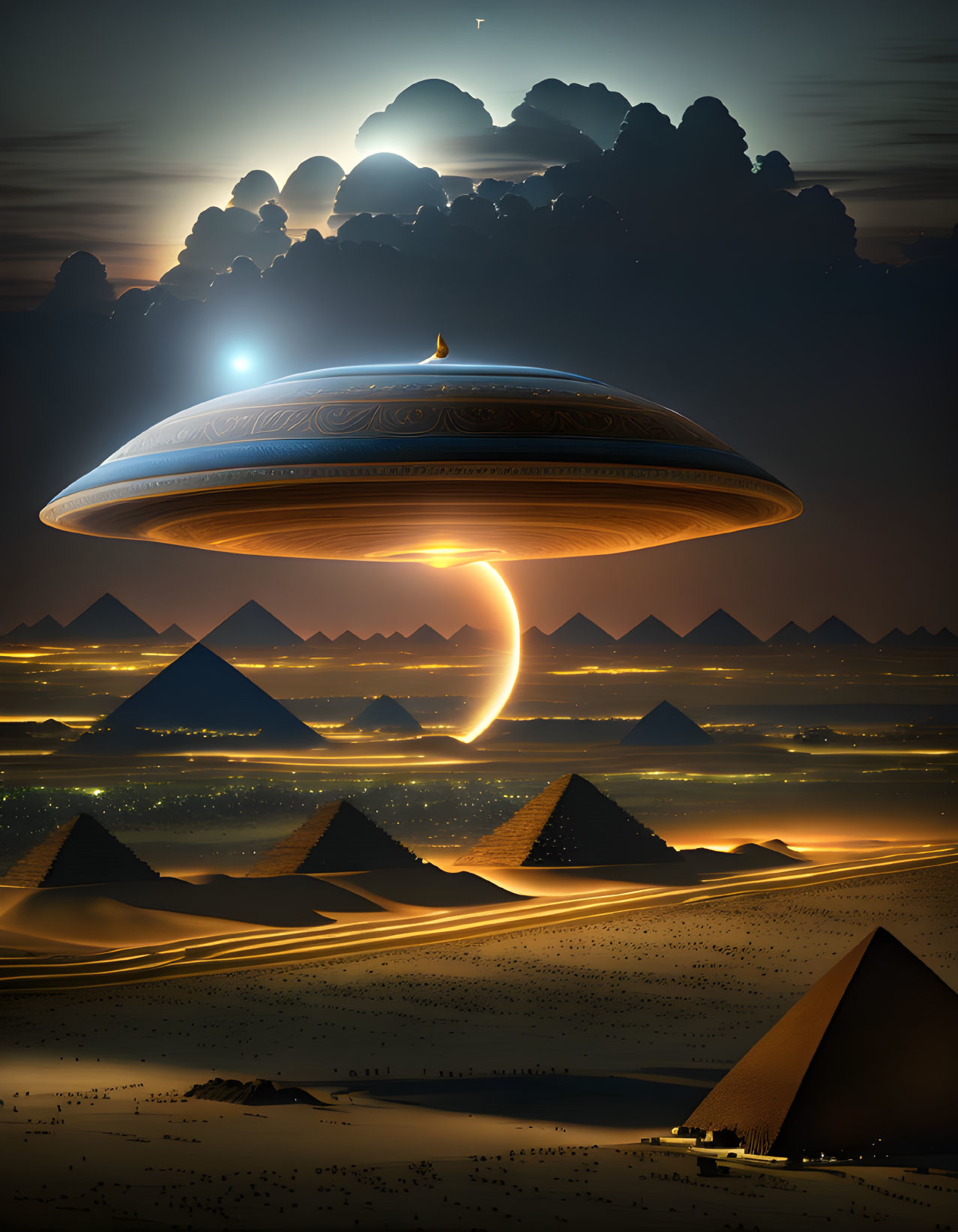 Desert landscape with pyramids, UFO, dramatic sky