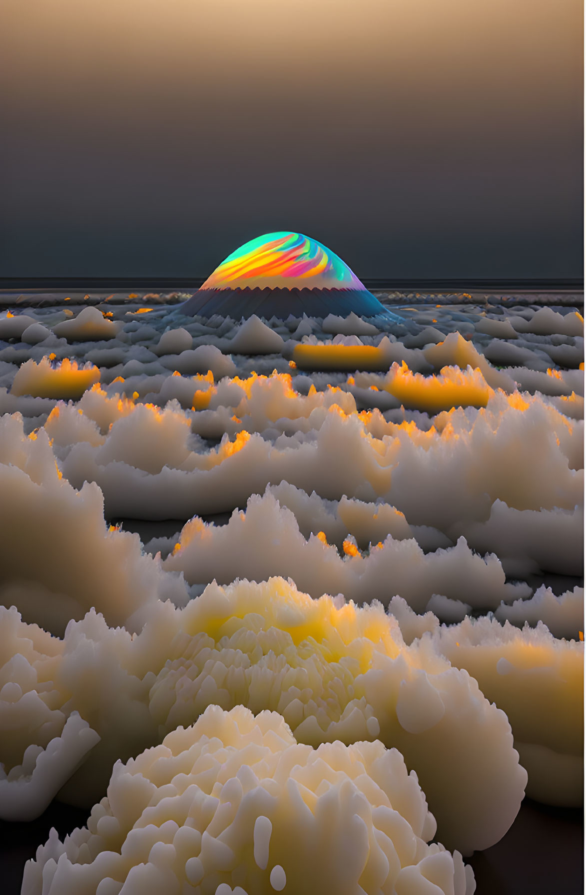 Colorful iridescent dome in surreal landscape under twilight sky