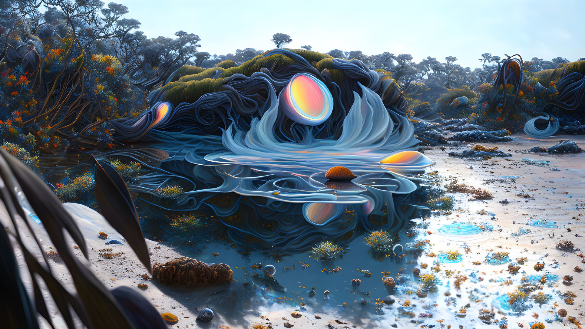 Vibrant Blue and Orange Surreal Landscape with Alien Plant Life