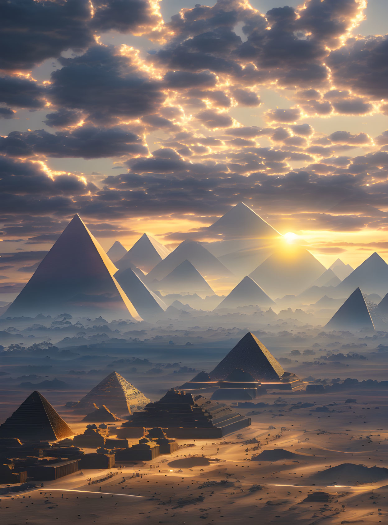 Expansive desert sunrise with pyramids and dramatic golden sky