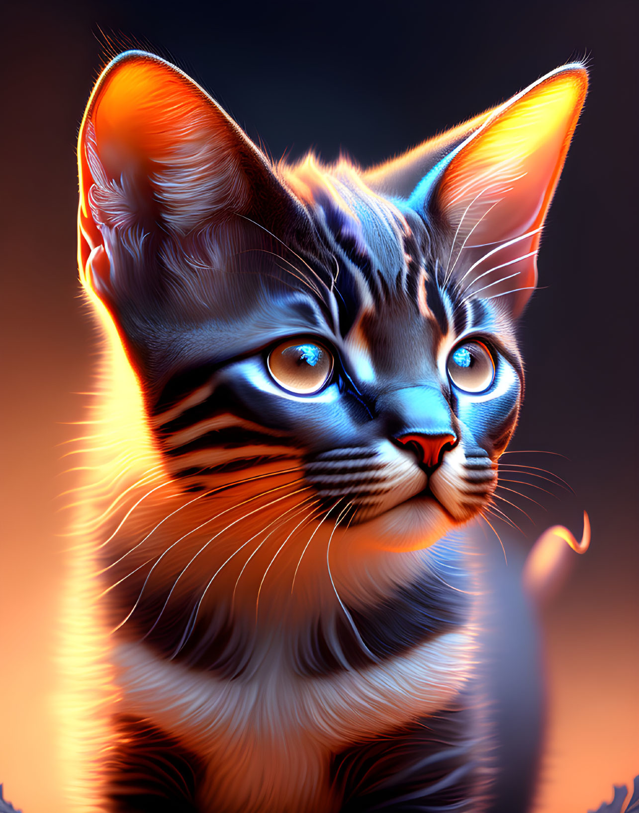 Vivid blue-eyed cat portrait on fiery gradient background