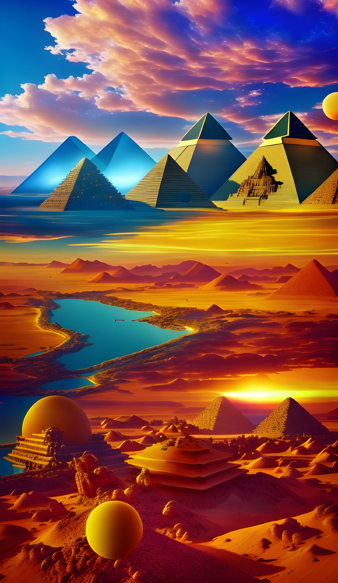 Artwork of multiple Egyptian pyramids under dramatic sky with planets, river, and desert landscape