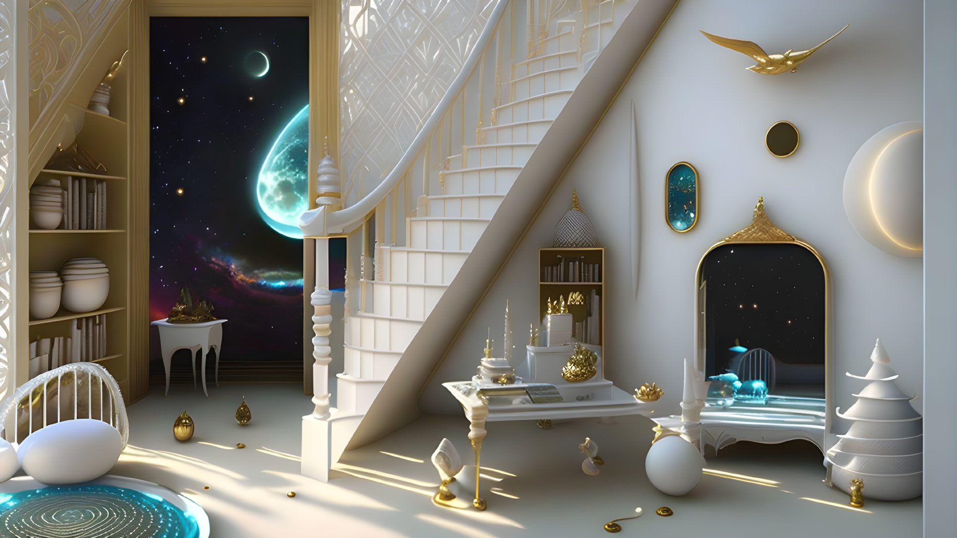 Celestial-themed room with staircase, bookshelves, moonlit door, and golden accents